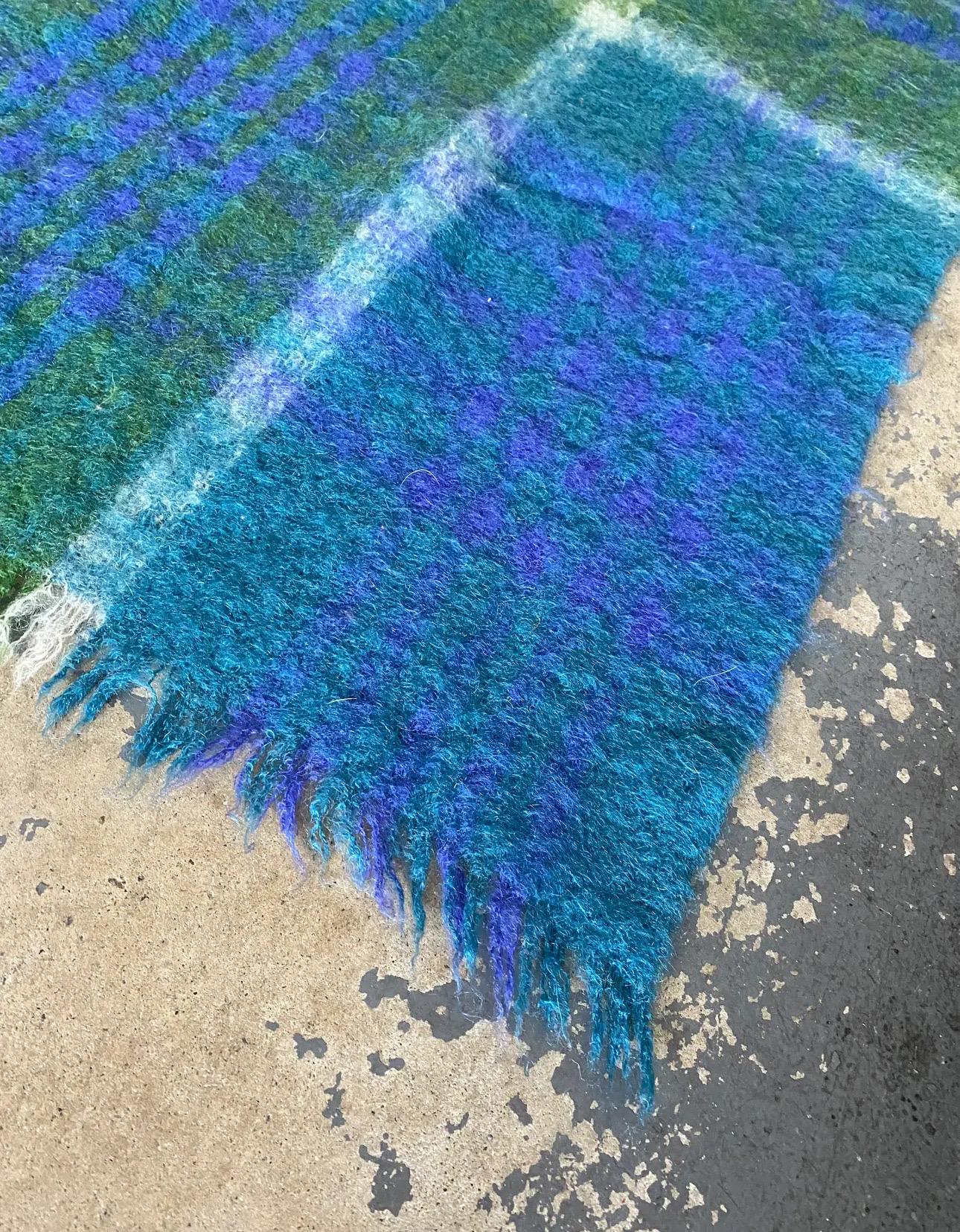 Vintage Blue and Green Irish Wool and Mohair Blanket By Donegal Design For Sale 5