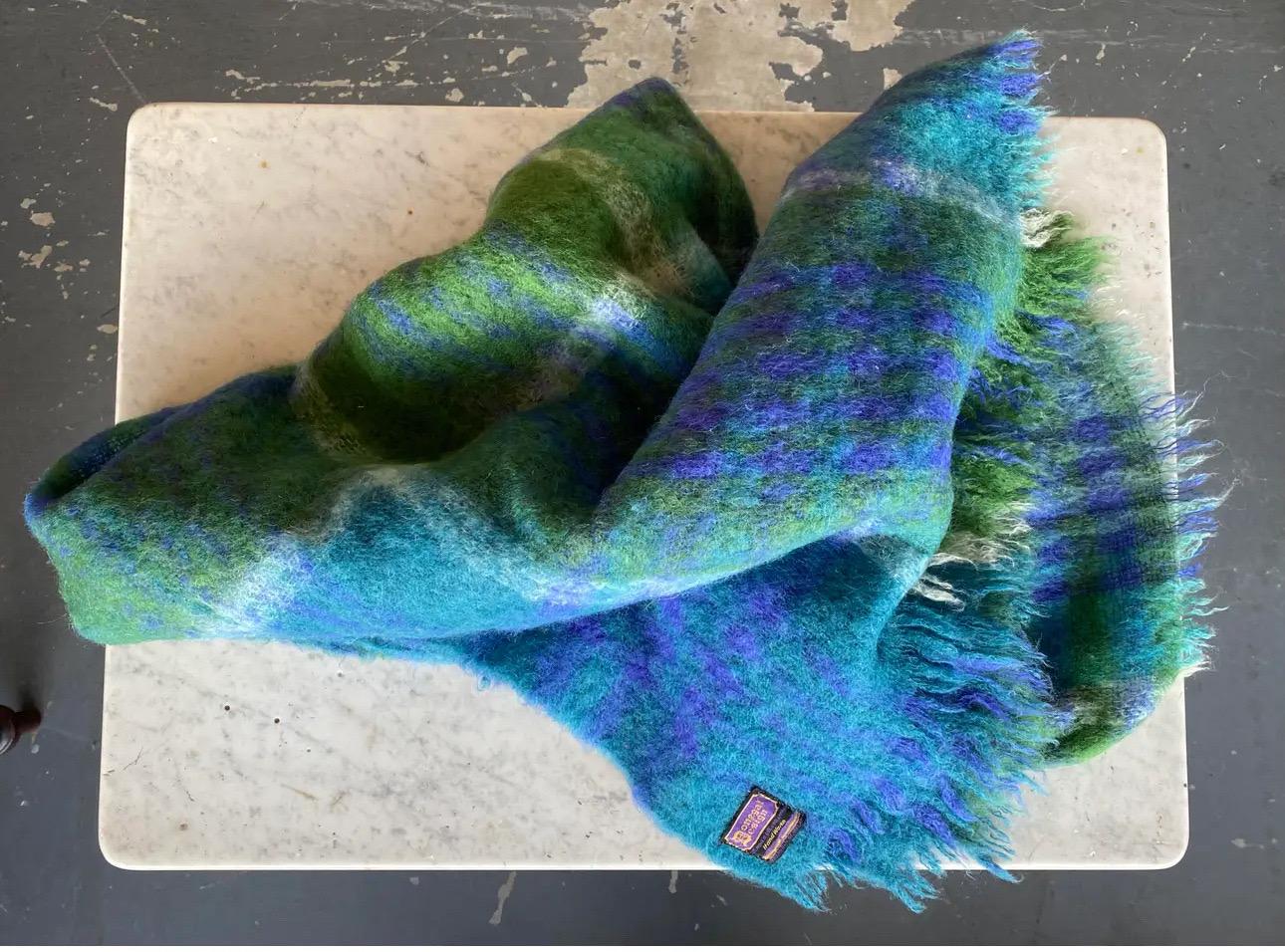 Mid-Century Modern Vintage Blue and Green Irish Wool and Mohair Blanket By Donegal Design For Sale
