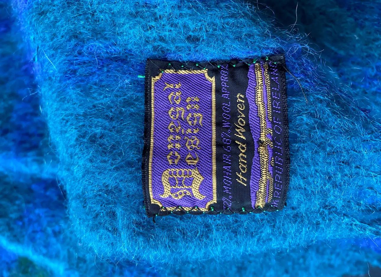 Late 20th Century Vintage Blue and Green Irish Wool and Mohair Blanket By Donegal Design For Sale