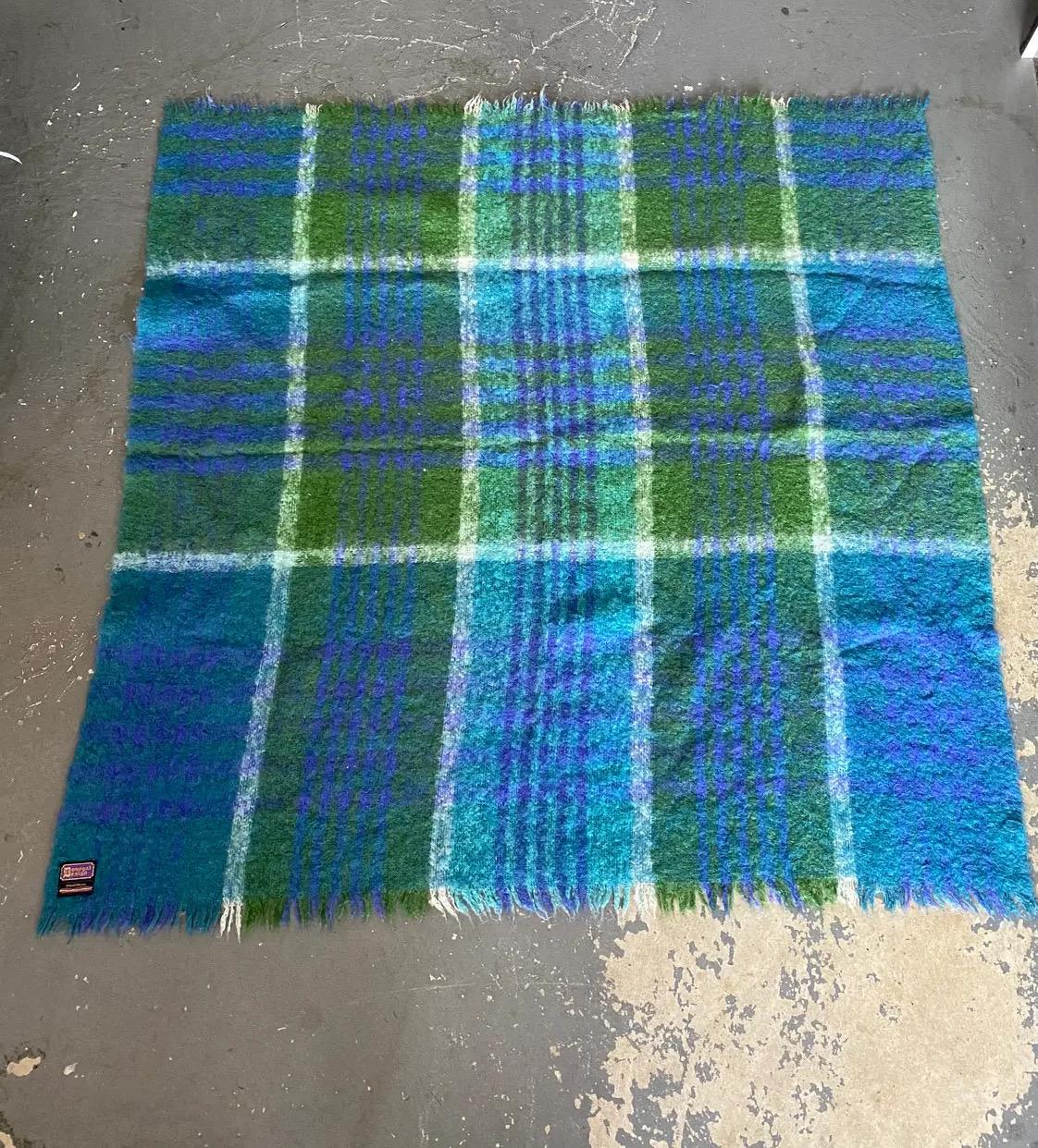 Vintage Blue and Green Irish Wool and Mohair Blanket By Donegal Design For Sale 1