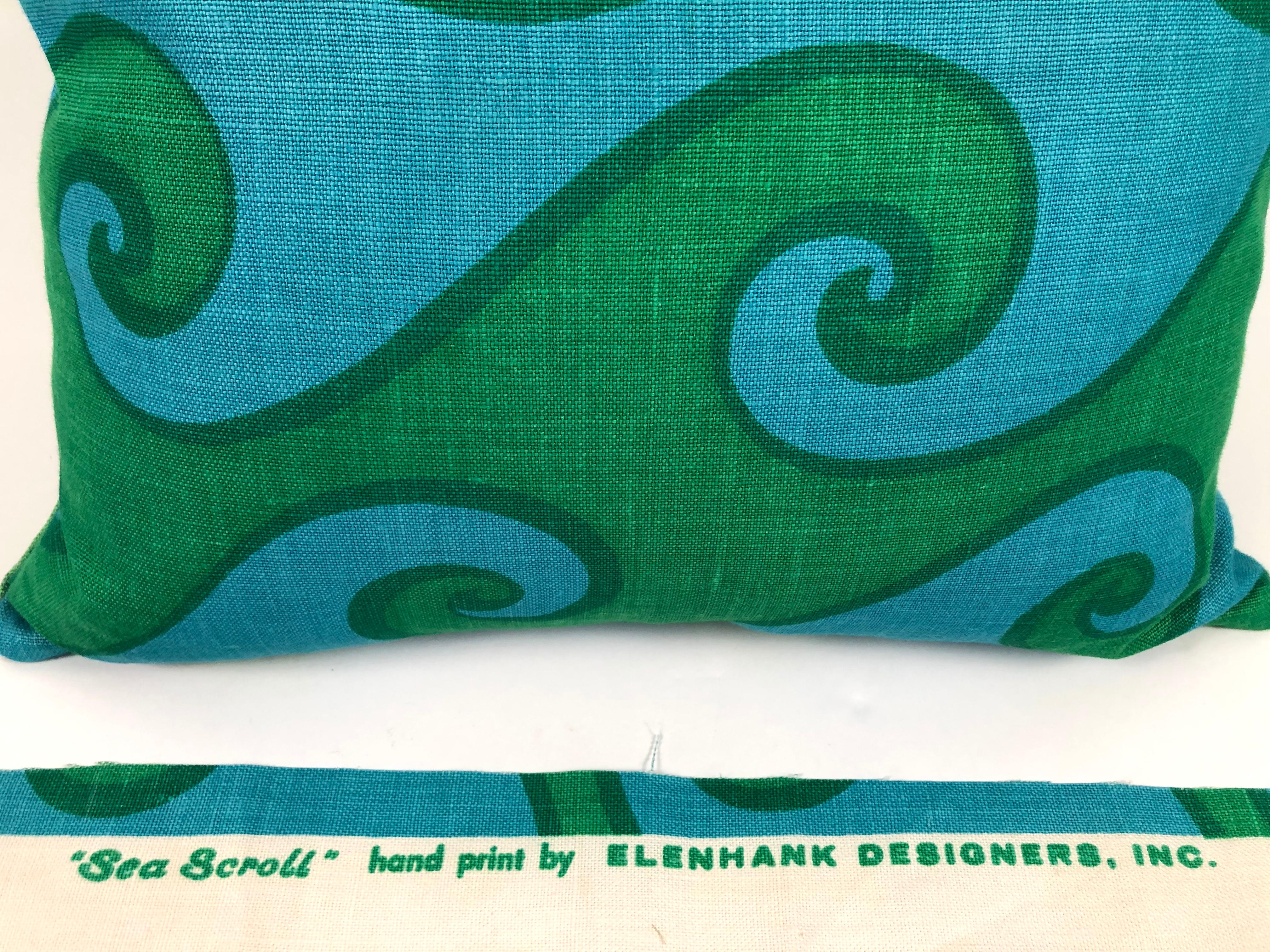 Mid-Century Modern Vintage Blue and Green Sea Scroll Pattern Pillow Hand Printed by Elenhank