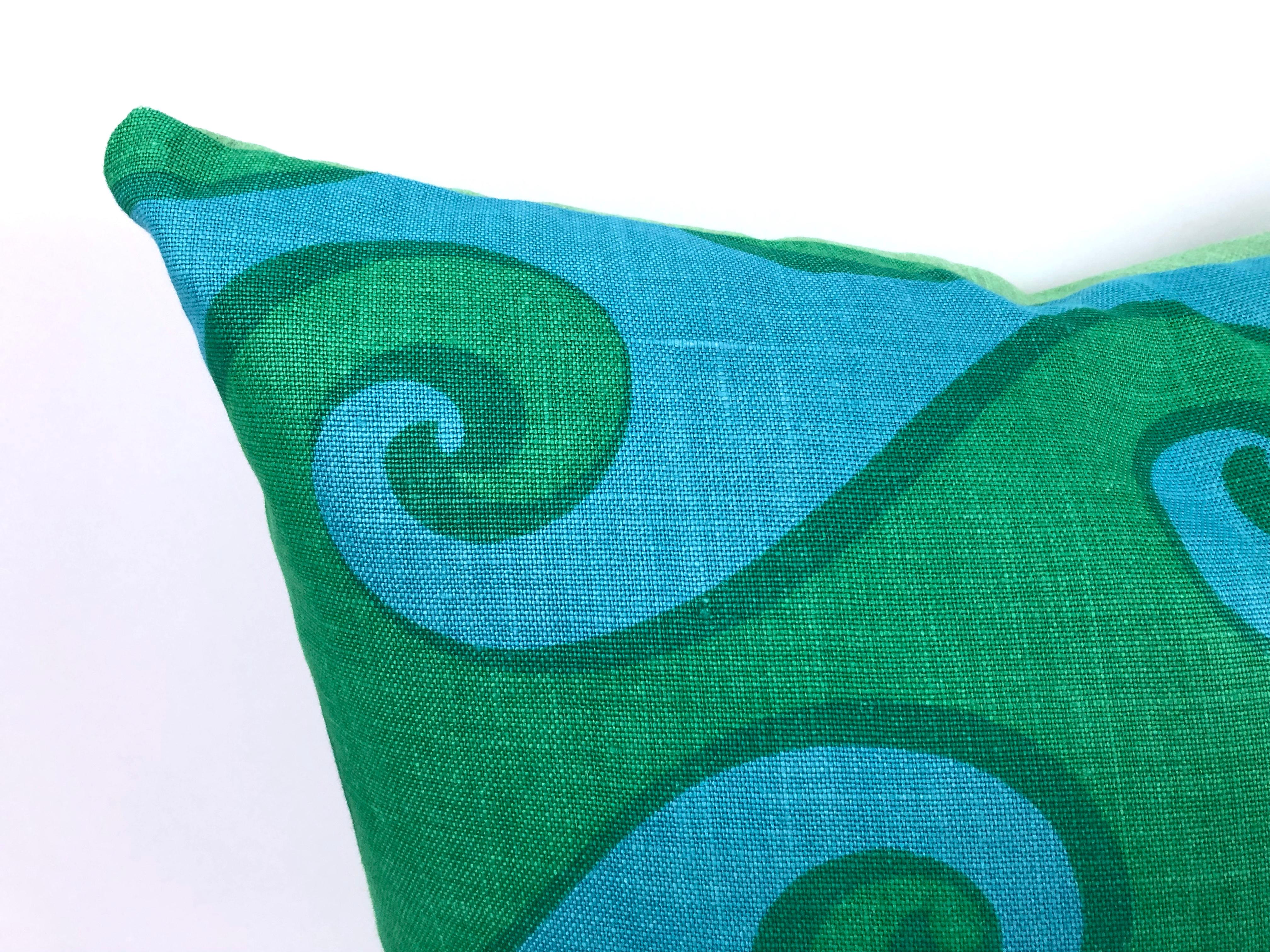 American Vintage Blue and Green Sea Scroll Pattern Pillow Hand Printed by Elenhank