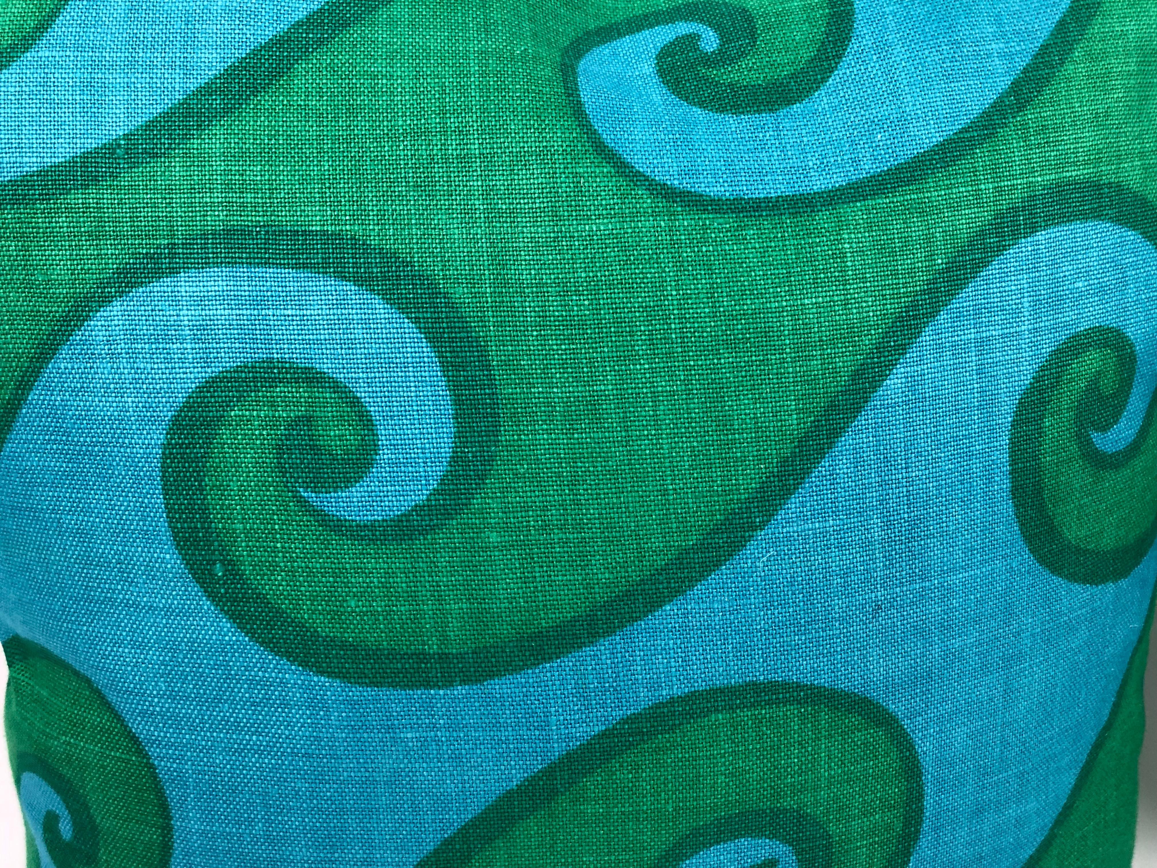 Hand-Crafted Vintage Blue and Green Sea Scroll Pattern Pillow Hand Printed by Elenhank