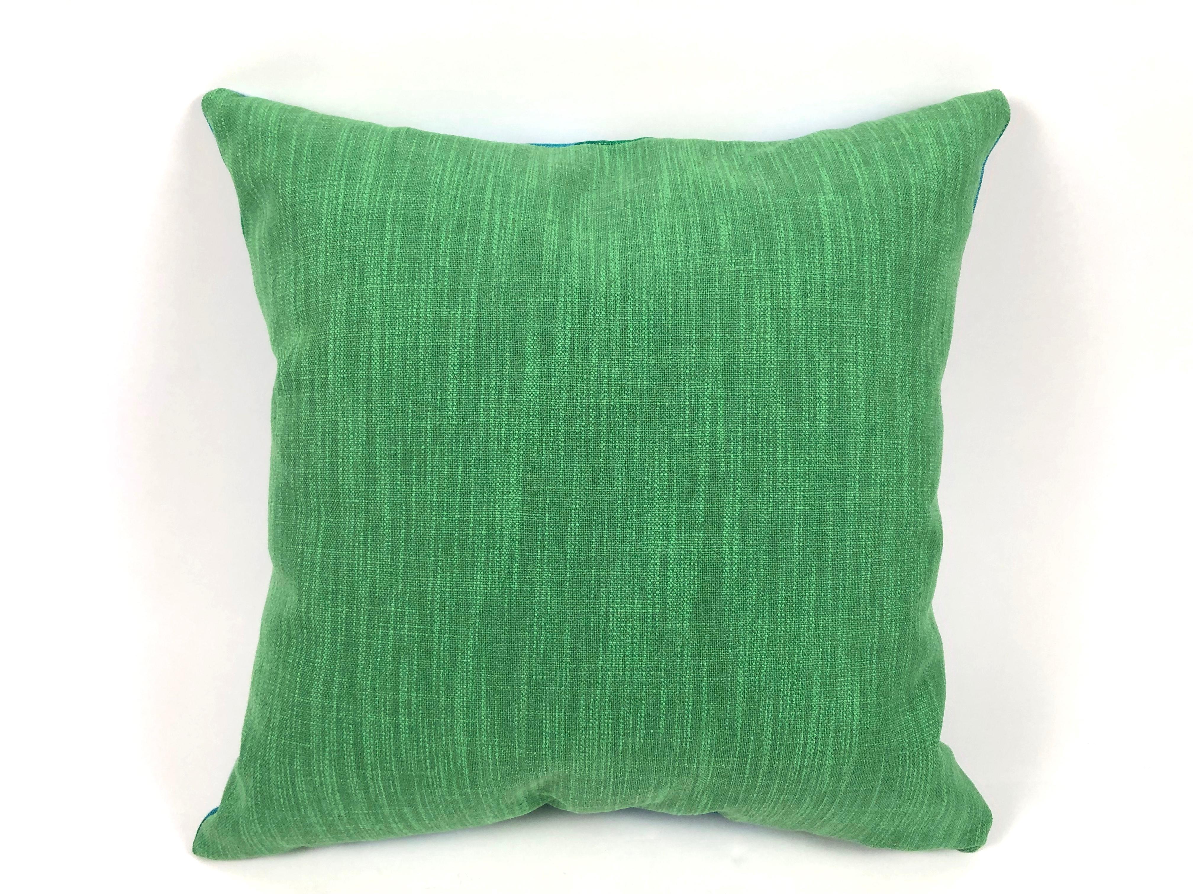 Mid-20th Century Vintage Blue and Green Sea Scroll Pattern Pillow Hand Printed by Elenhank
