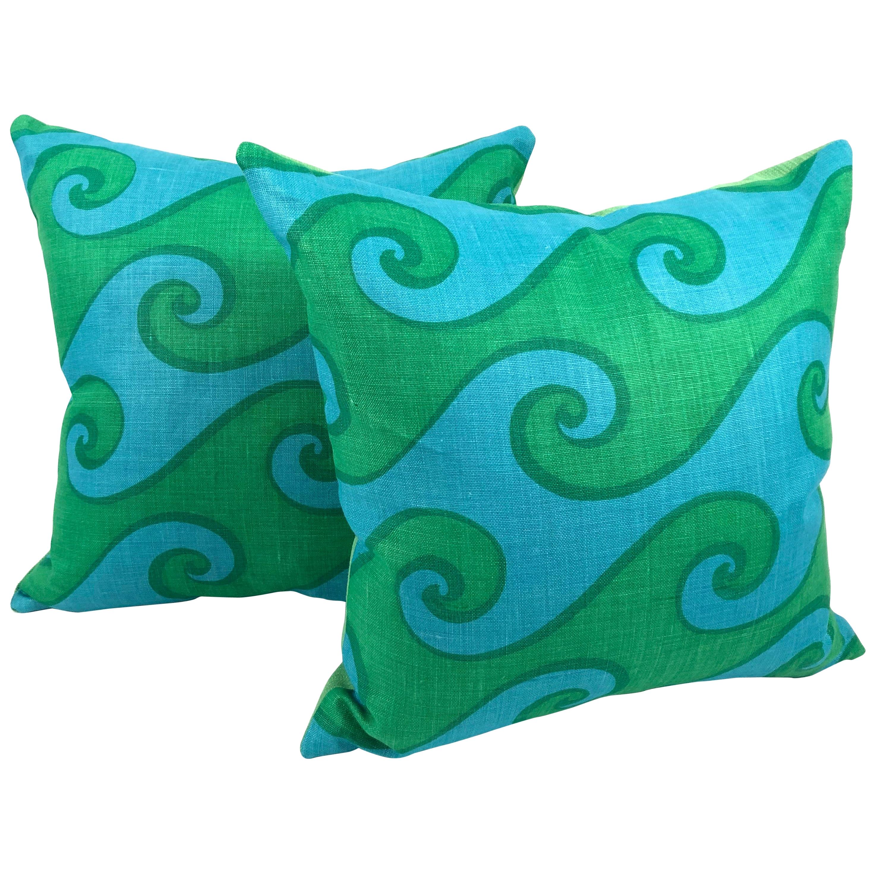 Vintage Blue and Green Sea Scroll Pattern Pillow Hand Printed by Elenhank