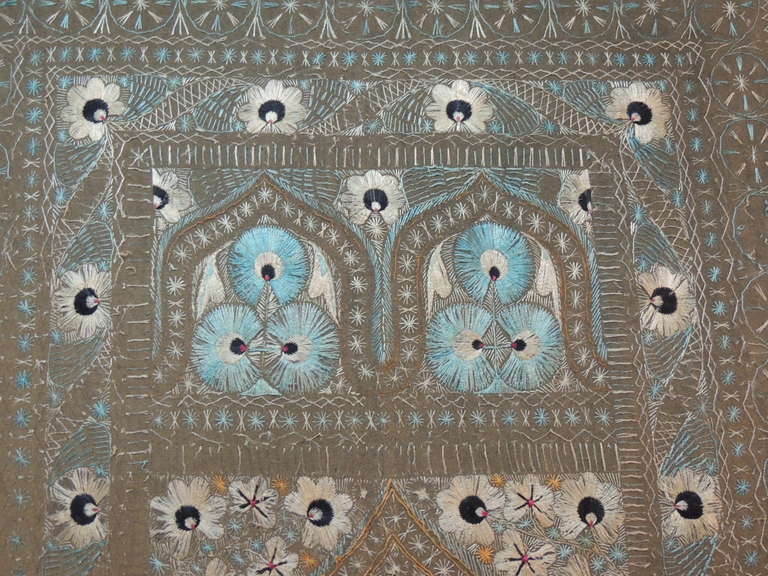 Uzbek Vintage Blue and Grey Embroidery Artisanal Suzani Wall Hanging Tapestry