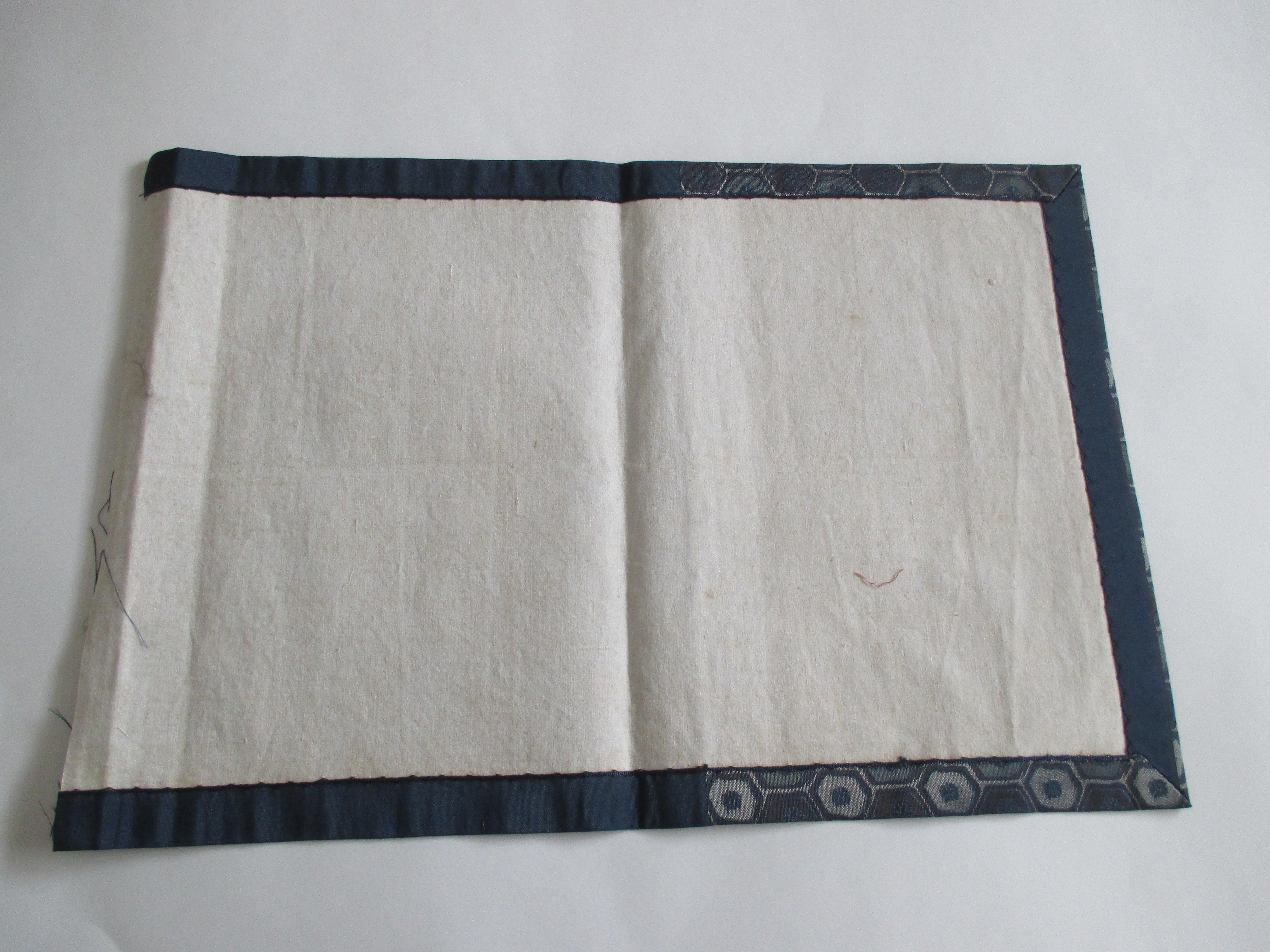 Japonisme Vintage Blue and Grey Silk Obi Textile with Hexagonal Designs Fragment