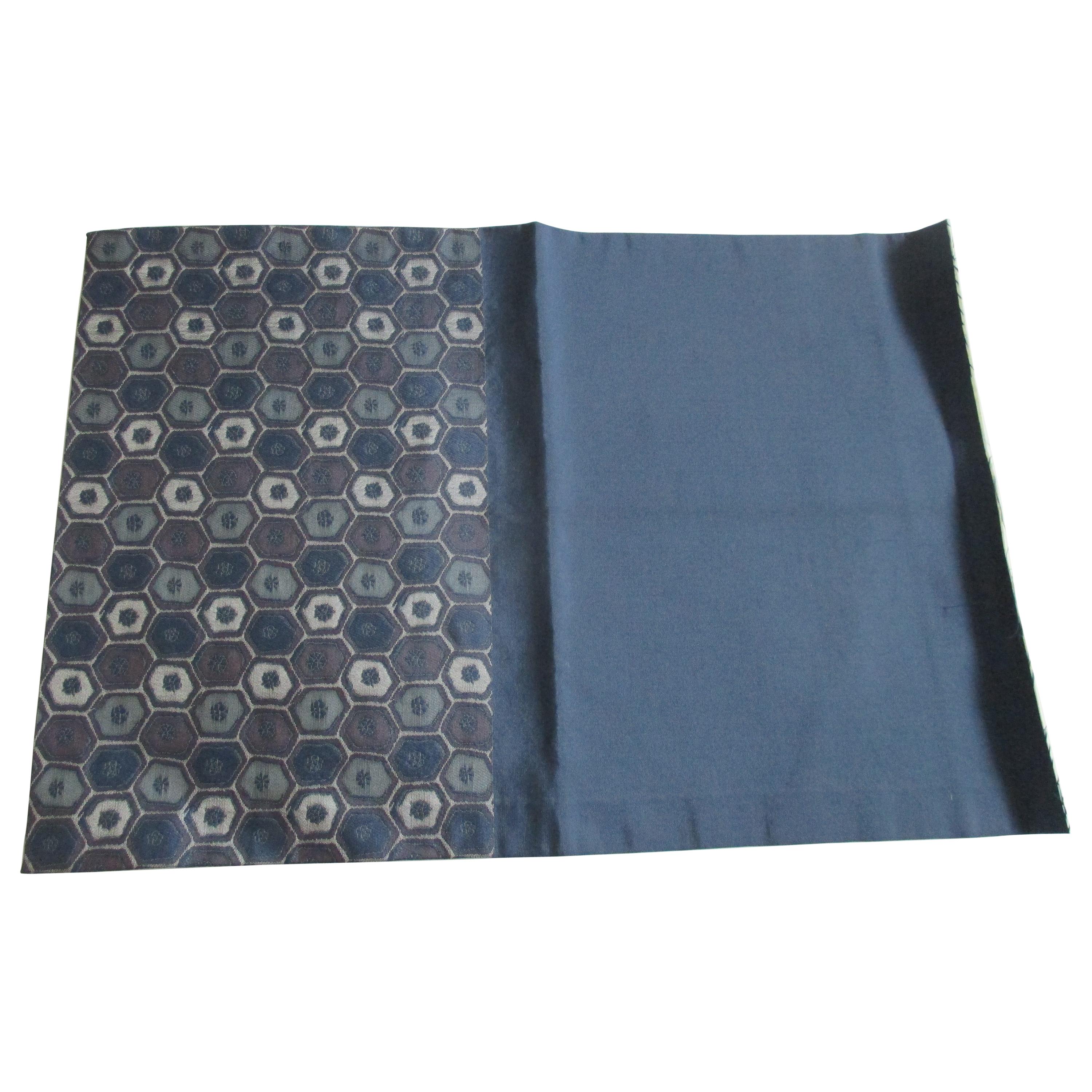 Vintage Blue and Grey Silk Obi Textile with Hexagonal Designs Fragment