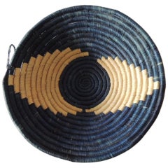 Vintage Blue and Natural Coiled Decorative Basket