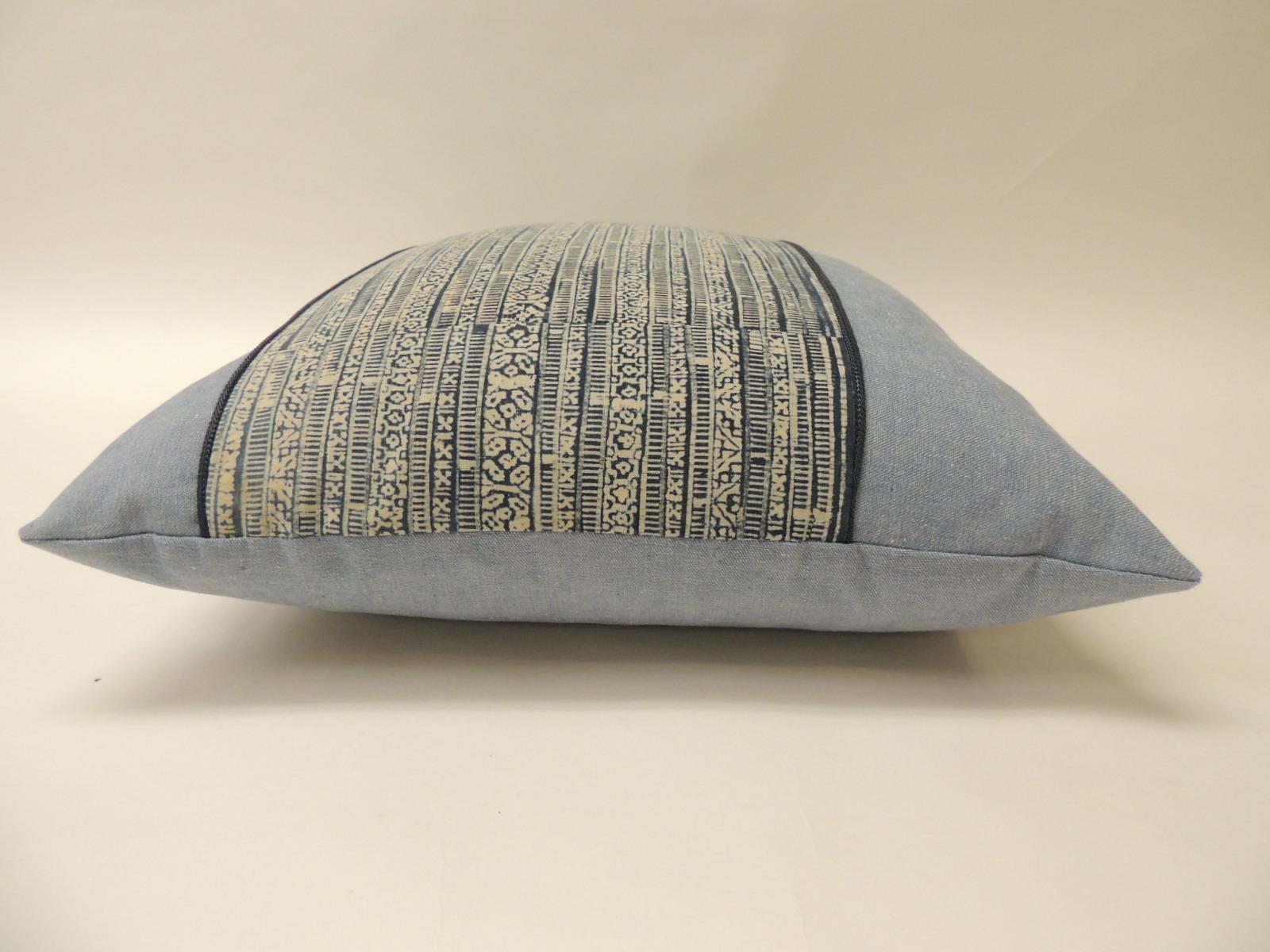 Thai Vintage Blue and Natural Hand-Blocked Tribal Batik Decorative Pillow For Sale