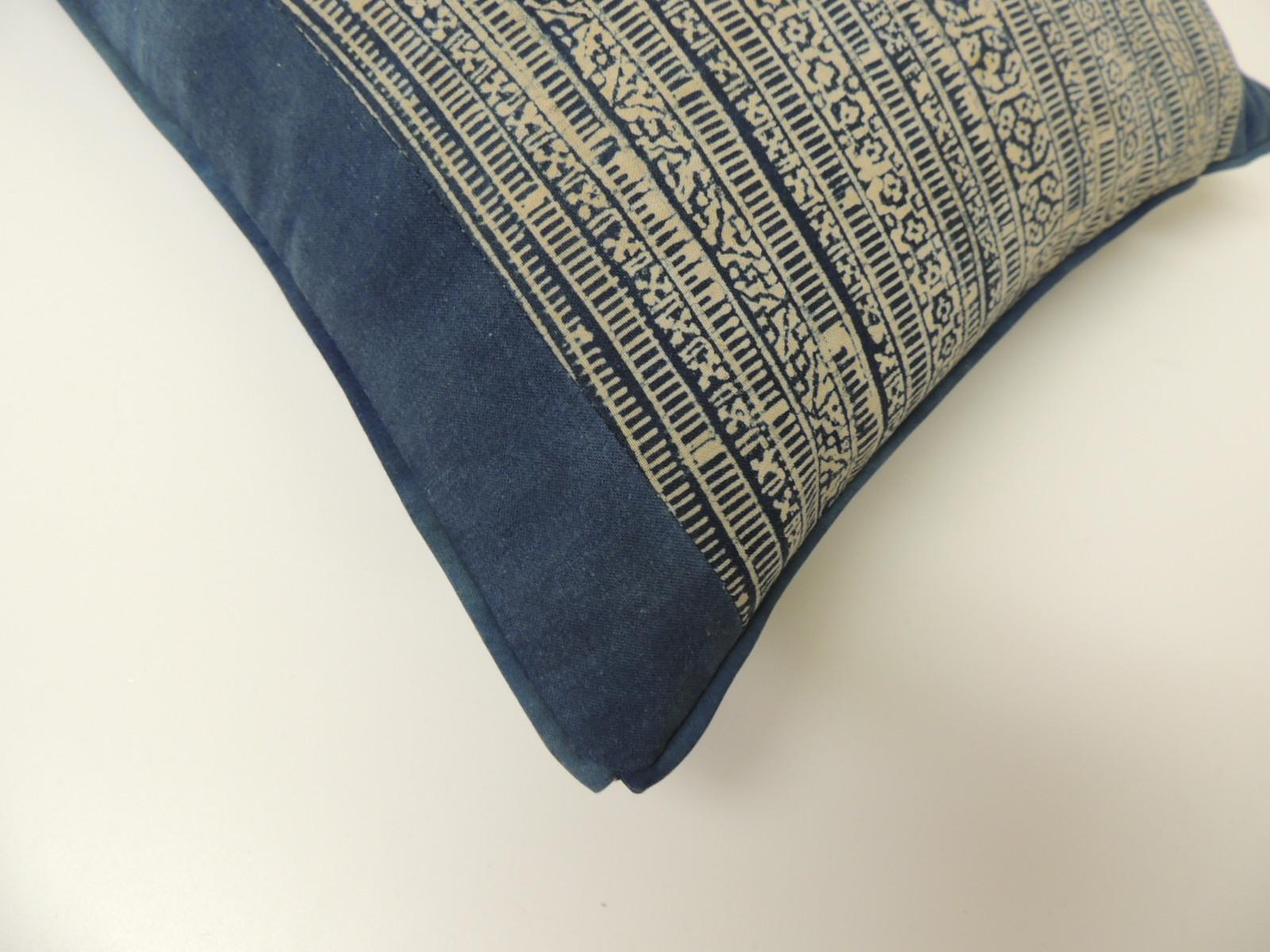 Thai Vintage Blue and Natural Hand-Blocked Tribal Batik Lumbar Decorative Pillow