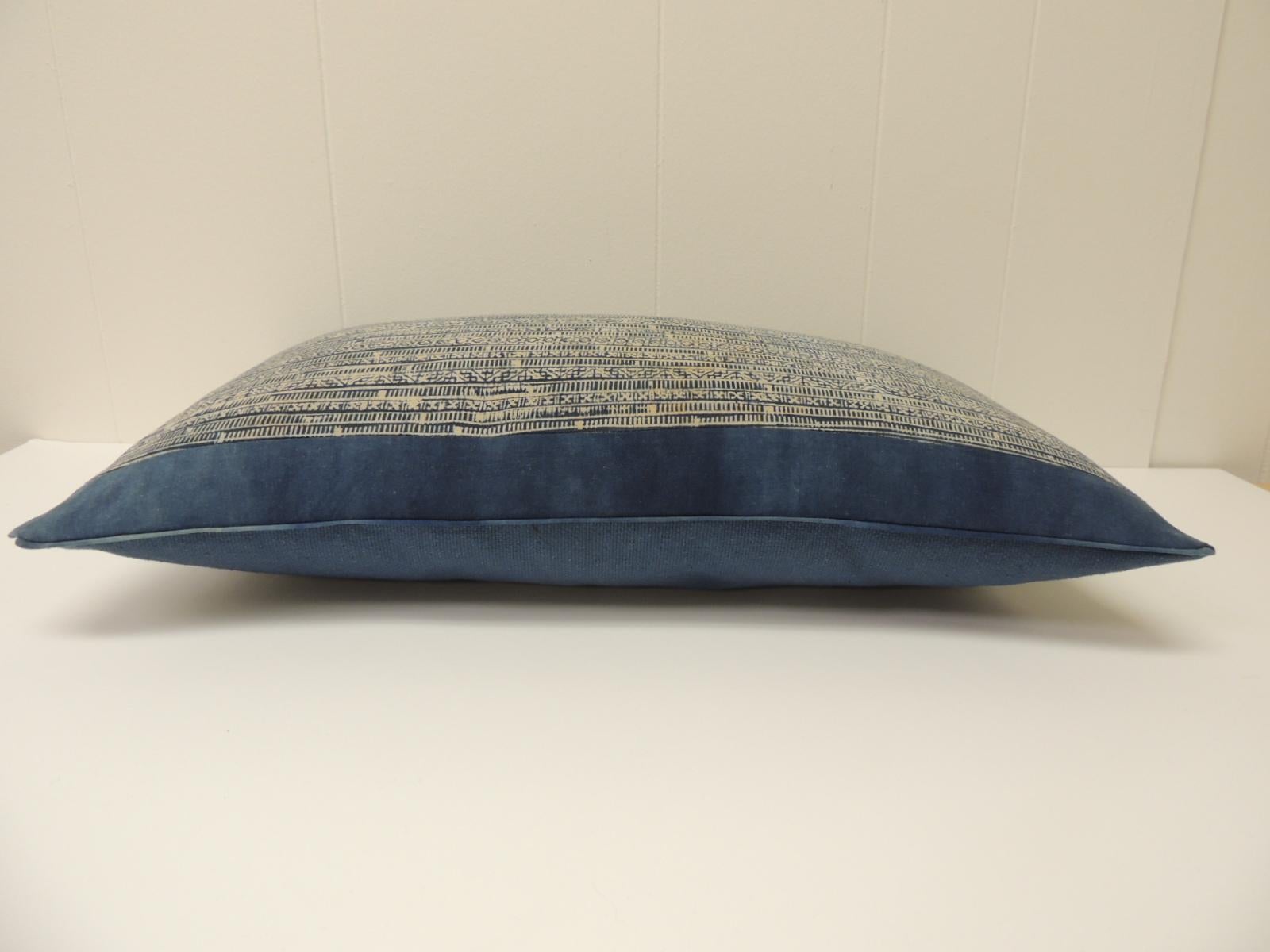 Hand-Crafted Vintage Blue and Natural Hand-Blocked Tribal Batik Lumbar Decorative Pillow