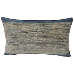 Vintage Blue and Natural Hand-Blocked Tribal Batik Lumbar Decorative Pillow