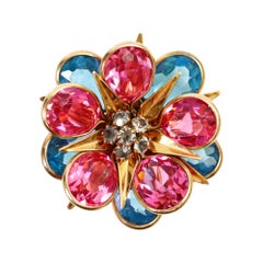 Vintage Blue and Pink Crystal with Grey Stones Brooch Circa 1940s