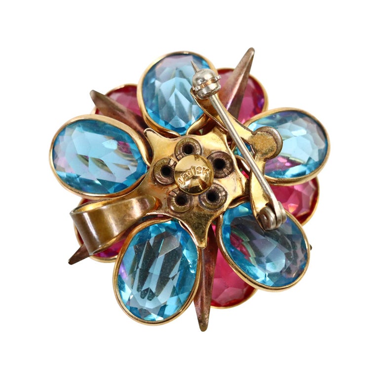 Vintage Blue and Pink Crystal with Grey Stones Brooch, Circa 1940s For Sale 3
