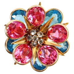 Vintage Blue and Pink Crystal with Grey Stones Brooch Circa 1940s