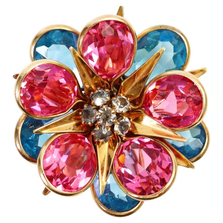 Vintage Blue and Pink Crystal with Grey Stones Brooch, Circa 1940s For Sale