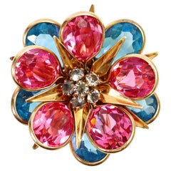 Broche vintage de cristal azul y rosa con piedras grises Circa 1940s