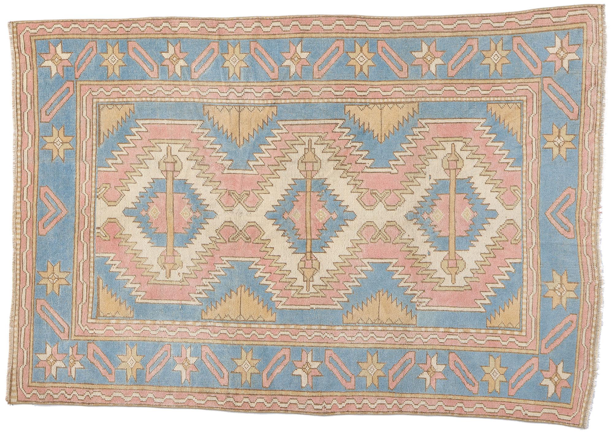 Türkischer Oushak-Teppich in Blau und Rosa im Vintage-Stil  im Angebot 3