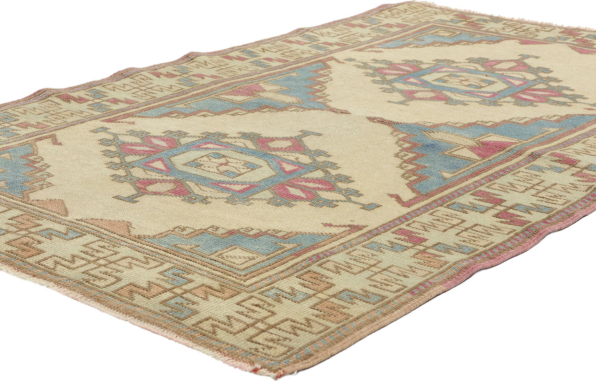 53926 Vintage Pink & Blue Turkish Oushak Rug, 03'02 x 05'00. Emerging from the Western expanse of Oushak in Turkey, Turkish Oushak rugs have earned widespread admiration for their intricate designs, gentle color palettes, and premium wool materials.