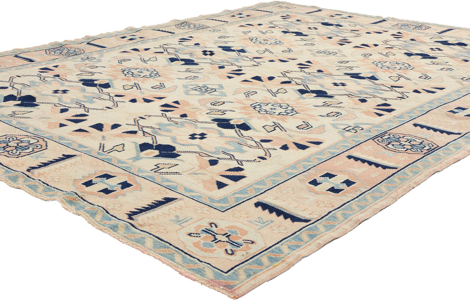 53935 Vintage Blue and Pink Turkish Oushak Rug, 05'02 x 06'11. Antique-washed Turkish Oushak rugs undergo a distinctive washing technique designed to bestow upon them an antique or vintage semblance characterized by soft hues. The objective is to