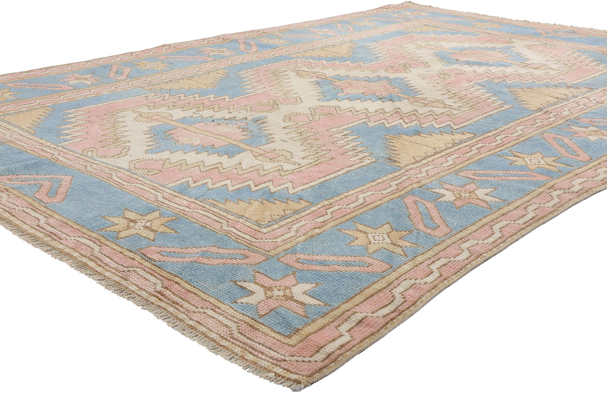 53939 Vintage Pink Turkish Oushak Rug, 04'11 x 07'02. Antique-washed Turkish Oushak rugs undergo a unique washing process distinguishing them by soft, muted hues. The goal is to emulate the natural weathering and aging that occurs over time,