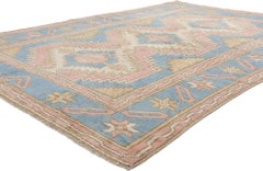 Vintage Blue and Pink Turkish Oushak Rug