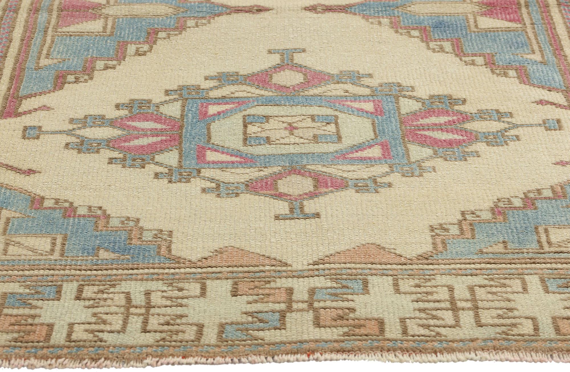 Hand-Knotted Vintage Blue and Pink Turkish Oushak Rug  For Sale