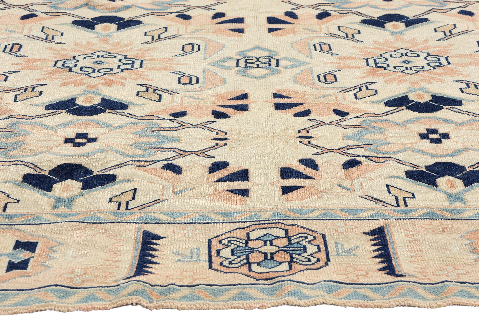 Hand-Knotted Vintage Blue and Pink Turkish Oushak Rug  For Sale