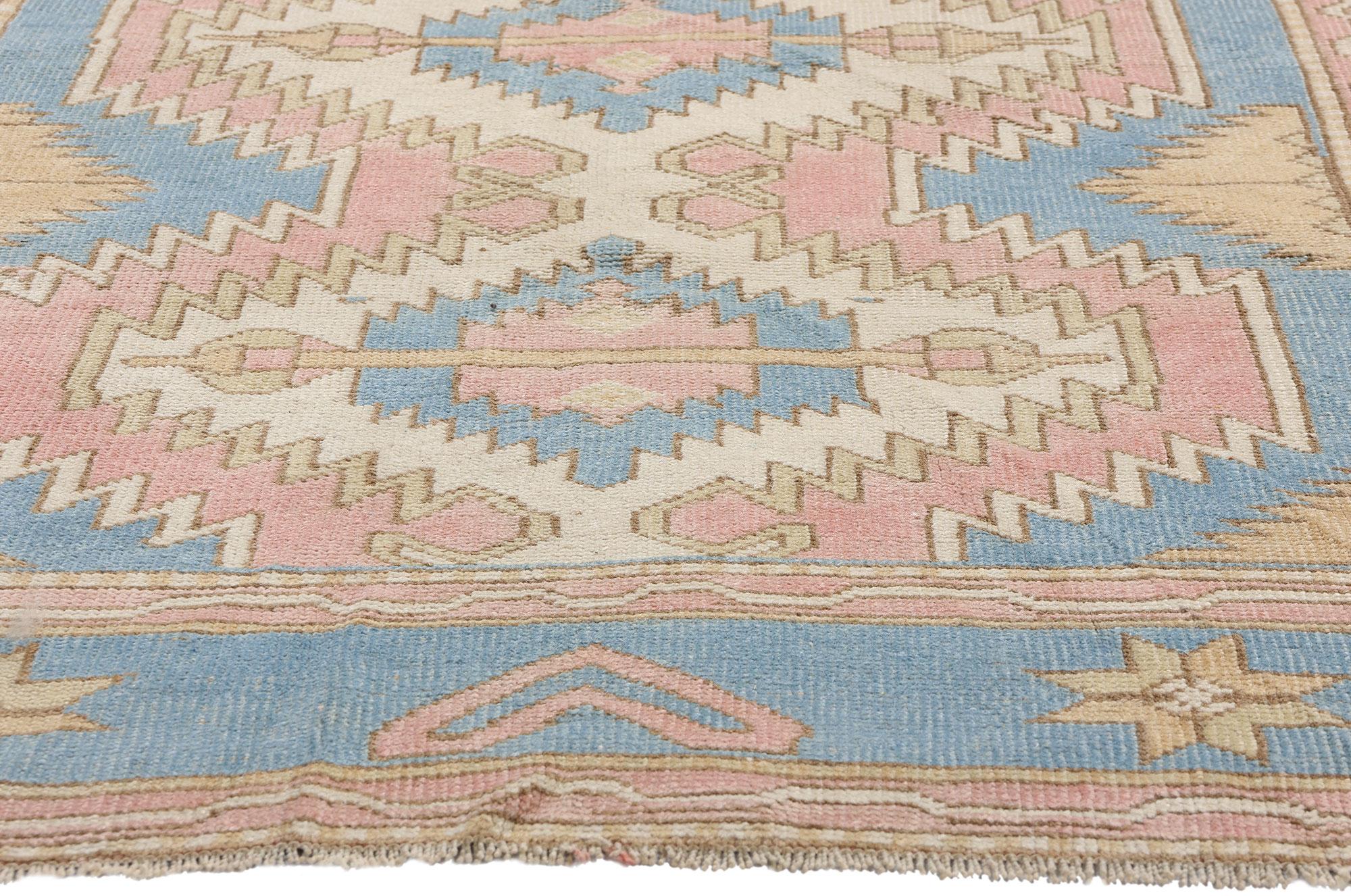 Hand-Knotted Vintage Blue and Pink Turkish Oushak Rug  For Sale