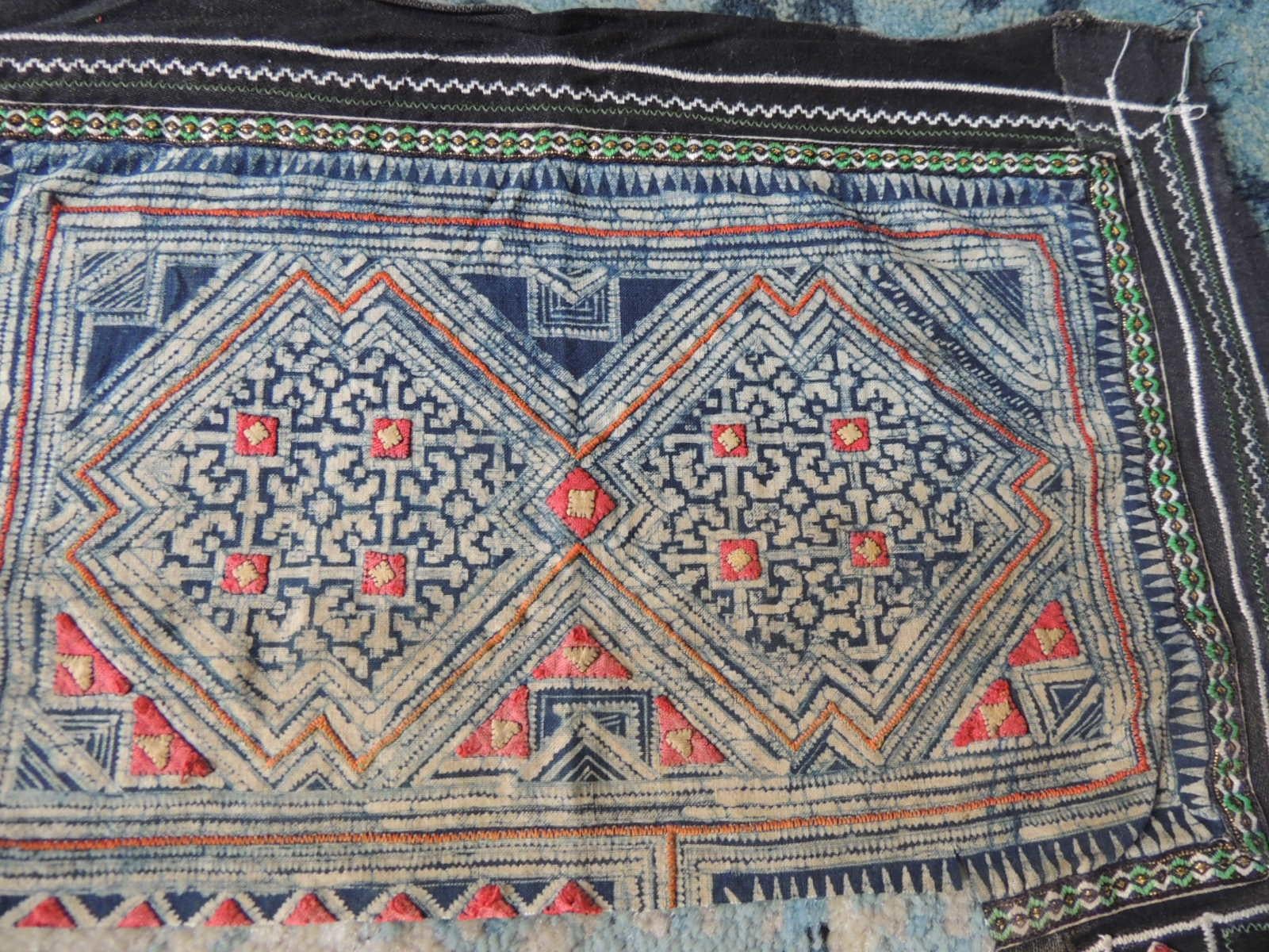 Tribal Vintage Blue and Red Miao Embroidered Textile Fragment For Sale