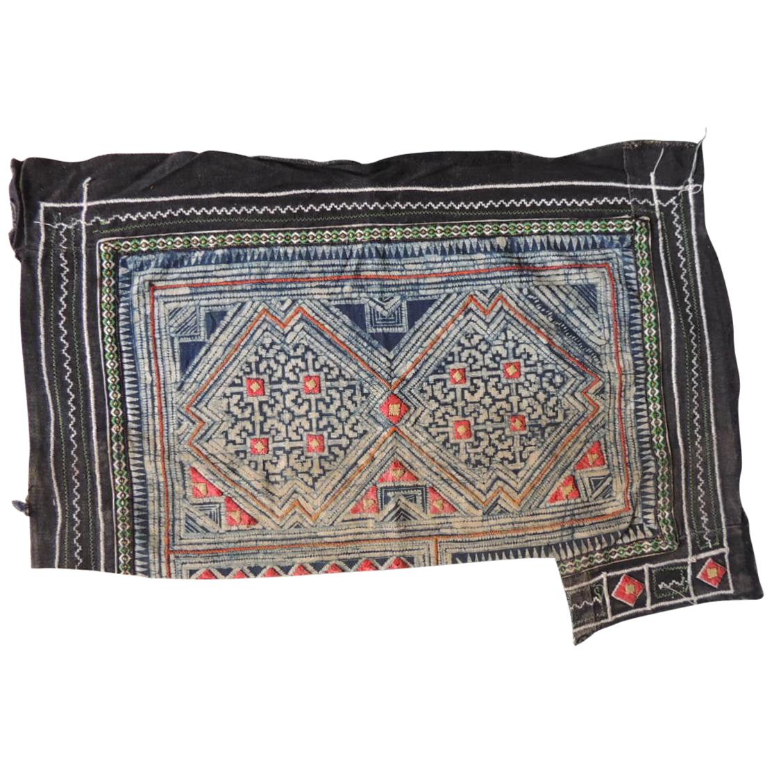 Vintage Blue and Red Miao Embroidered Textile Fragment For Sale