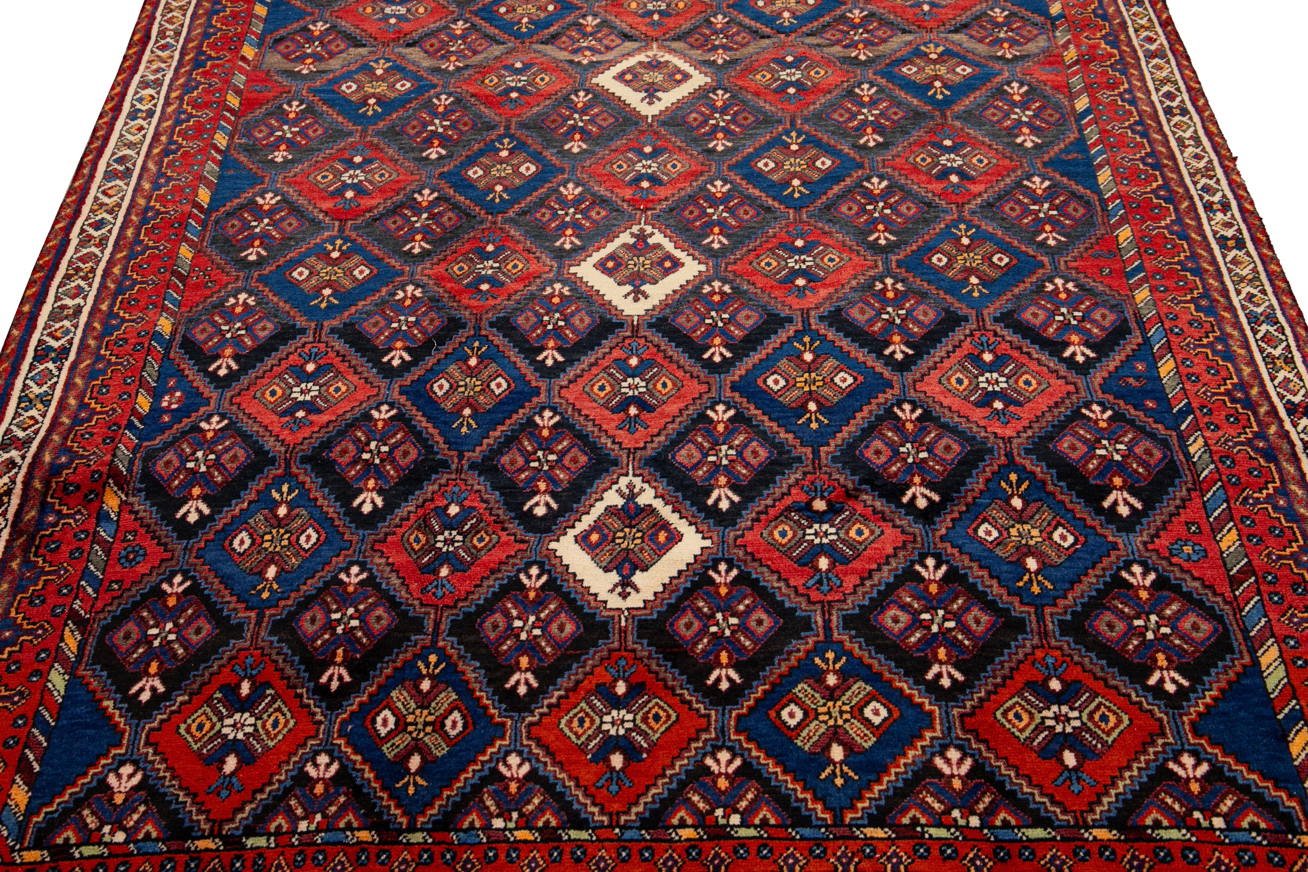 Islamic Vintage Blue and Red Persian Handmade Geometric Pattern Wool Rug For Sale