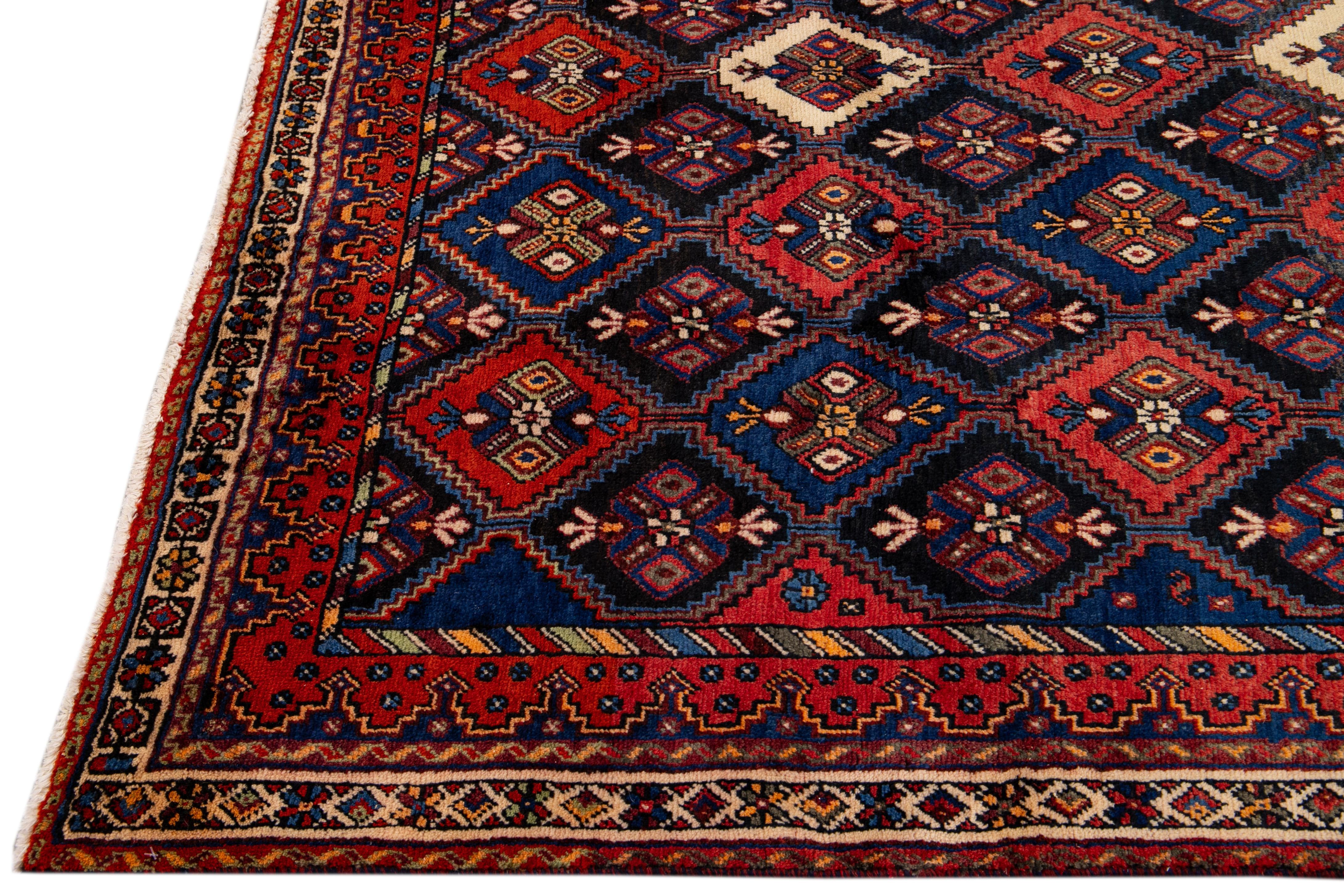 Hand-Knotted Vintage Blue and Red Persian Handmade Geometric Pattern Wool Rug For Sale