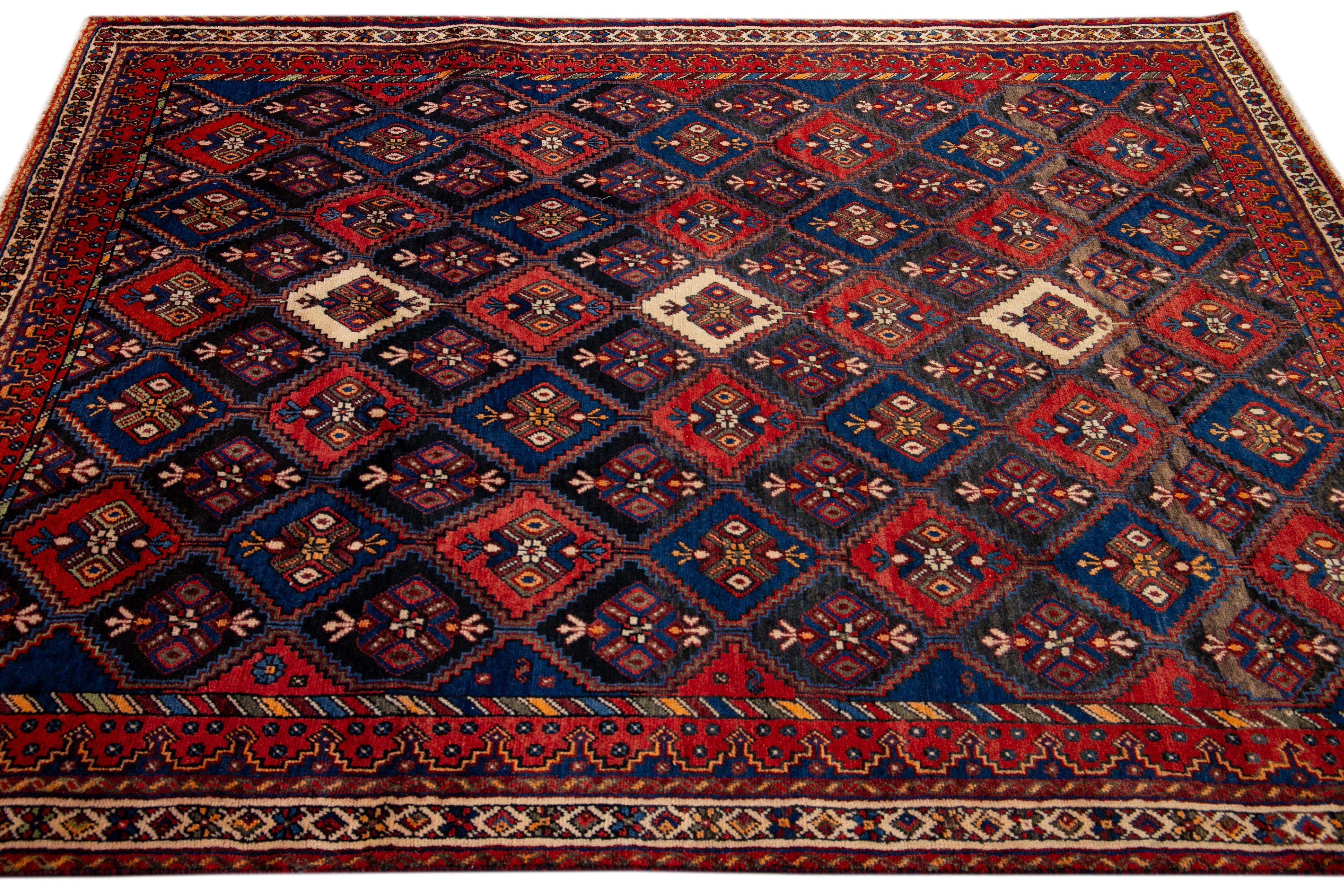 Vintage Blue and Red Persian Handmade Geometric Pattern Wool Rug In Good Condition For Sale In Norwalk, CT