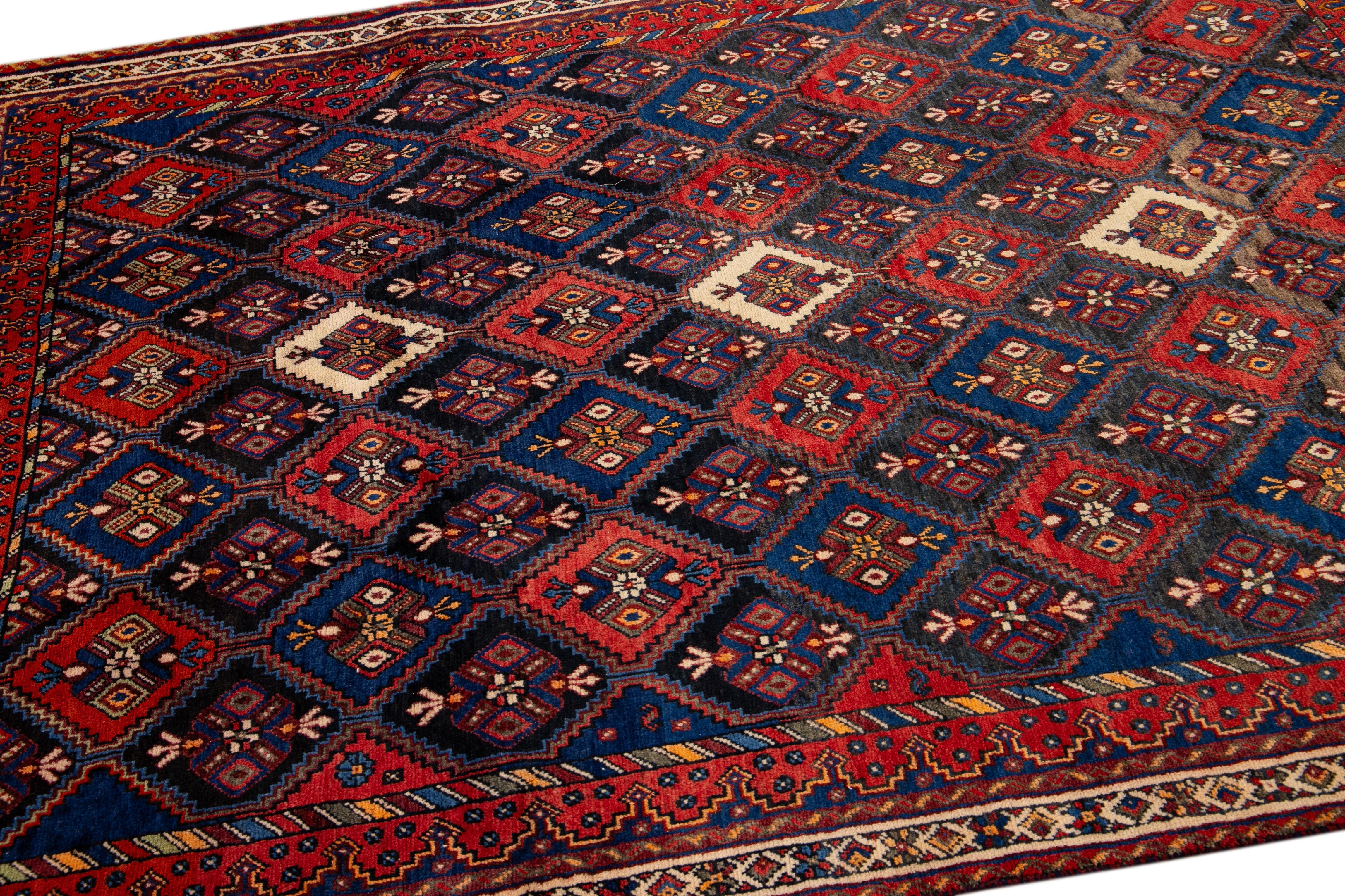 Vintage Blue and Red Persian Handmade Geometric Pattern Wool Rug For Sale 1