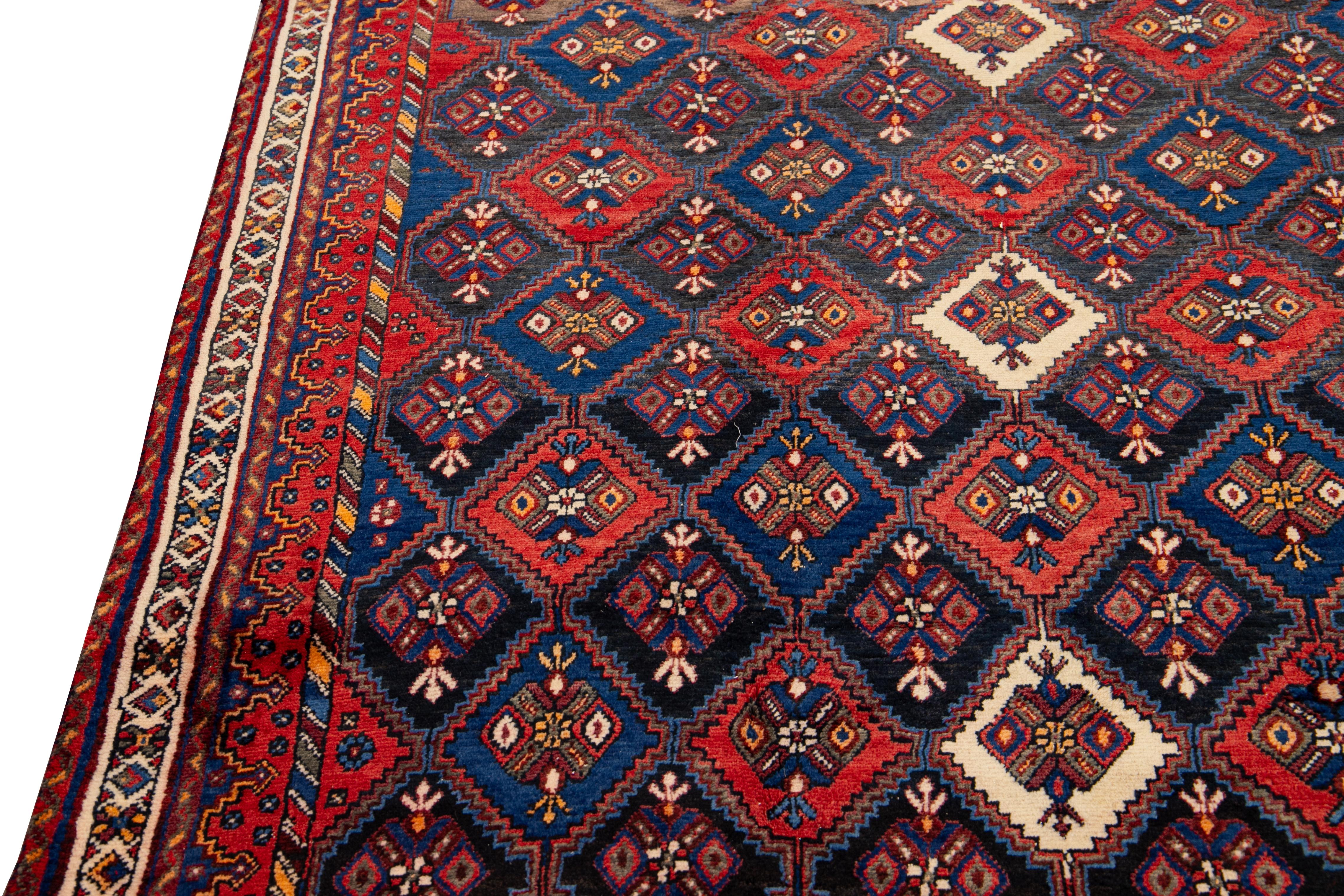Vintage Blue and Red Persian Handmade Geometric Pattern Wool Rug For Sale 2