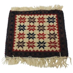 Vintage Blue and Red Star Pattern Turkish Rug Sample with Fringes