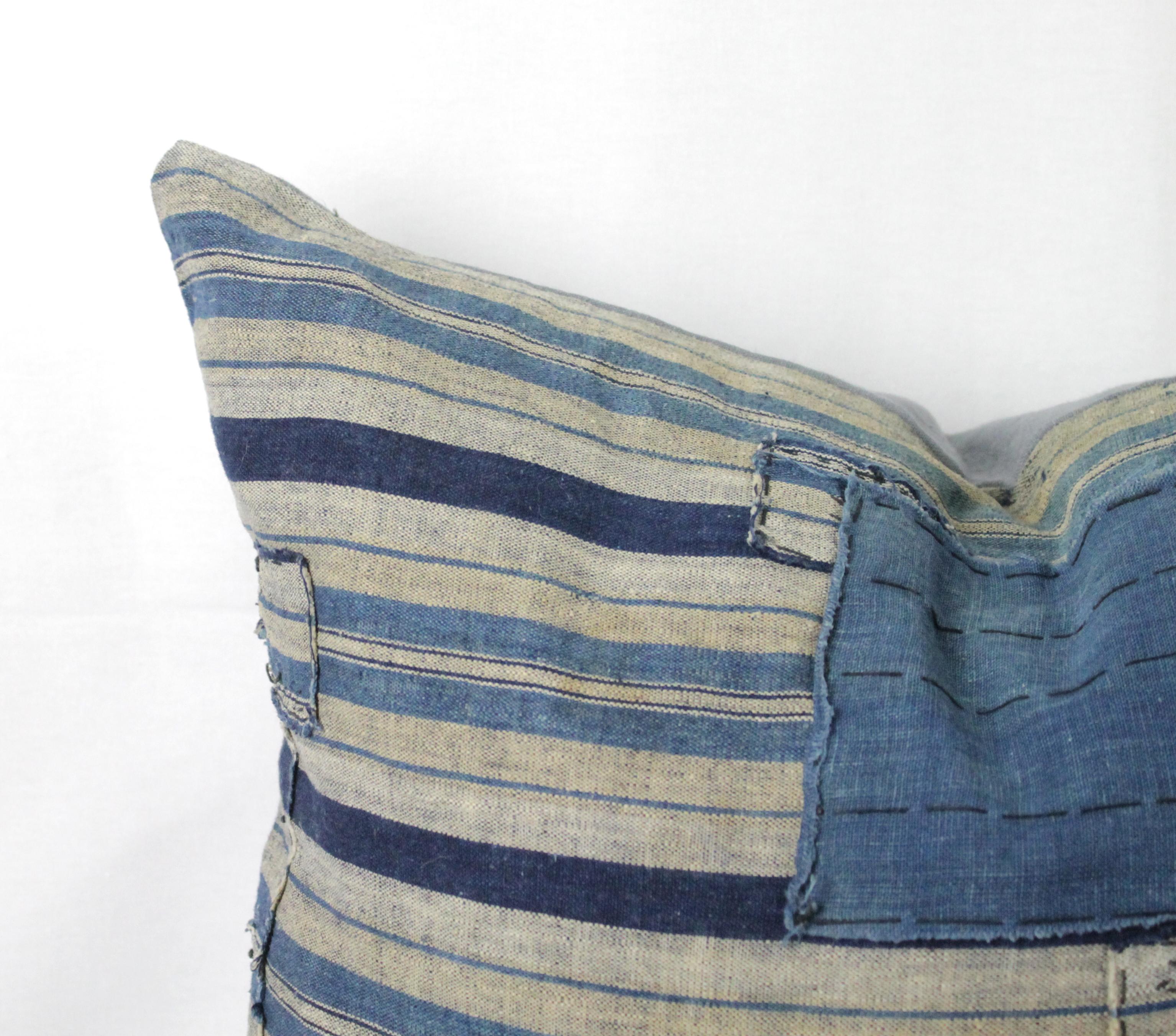 Vintage Blue and Tan Patchwork Style Pillow In Good Condition In Brea, CA
