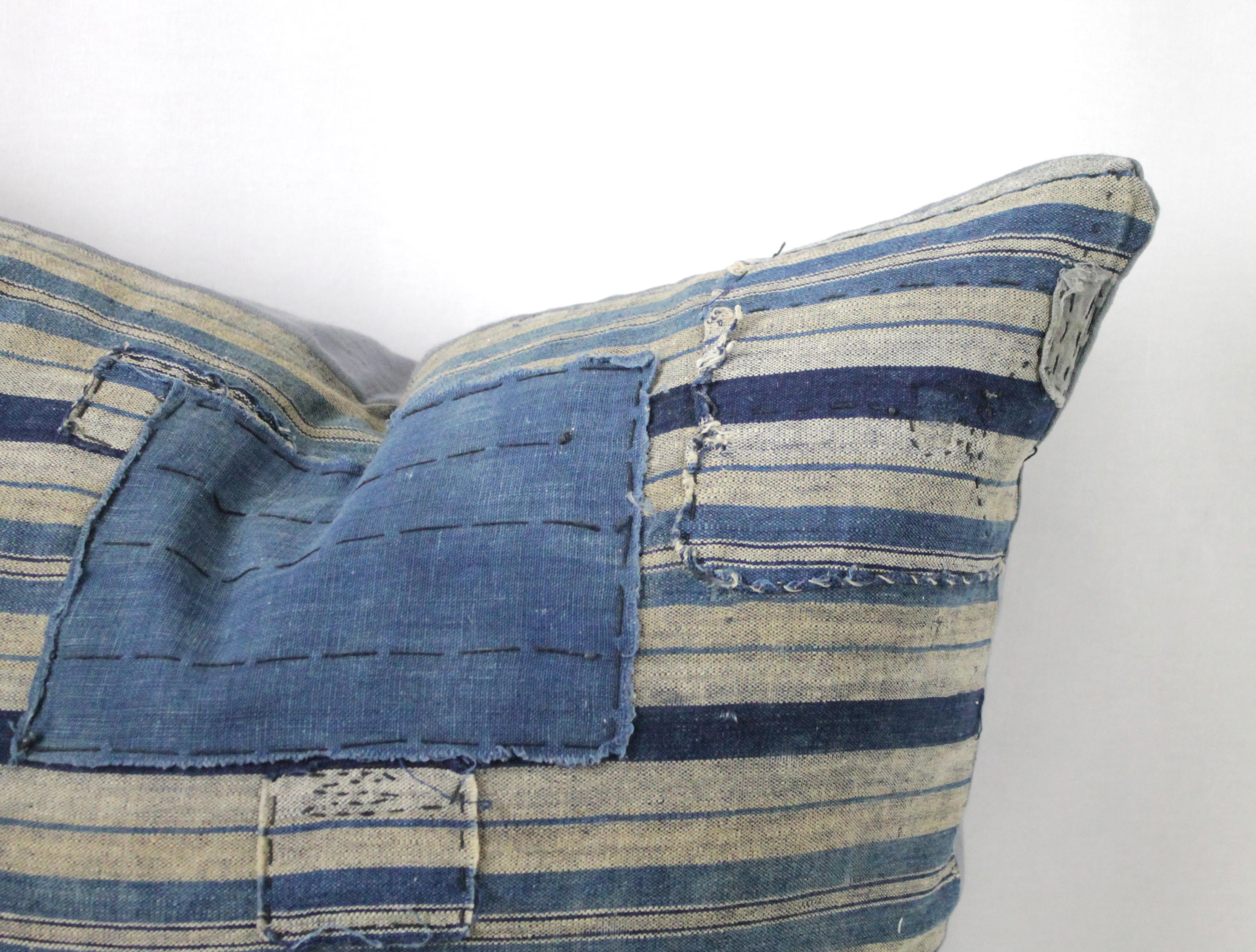 20th Century Vintage Blue and Tan Patchwork Style Pillow