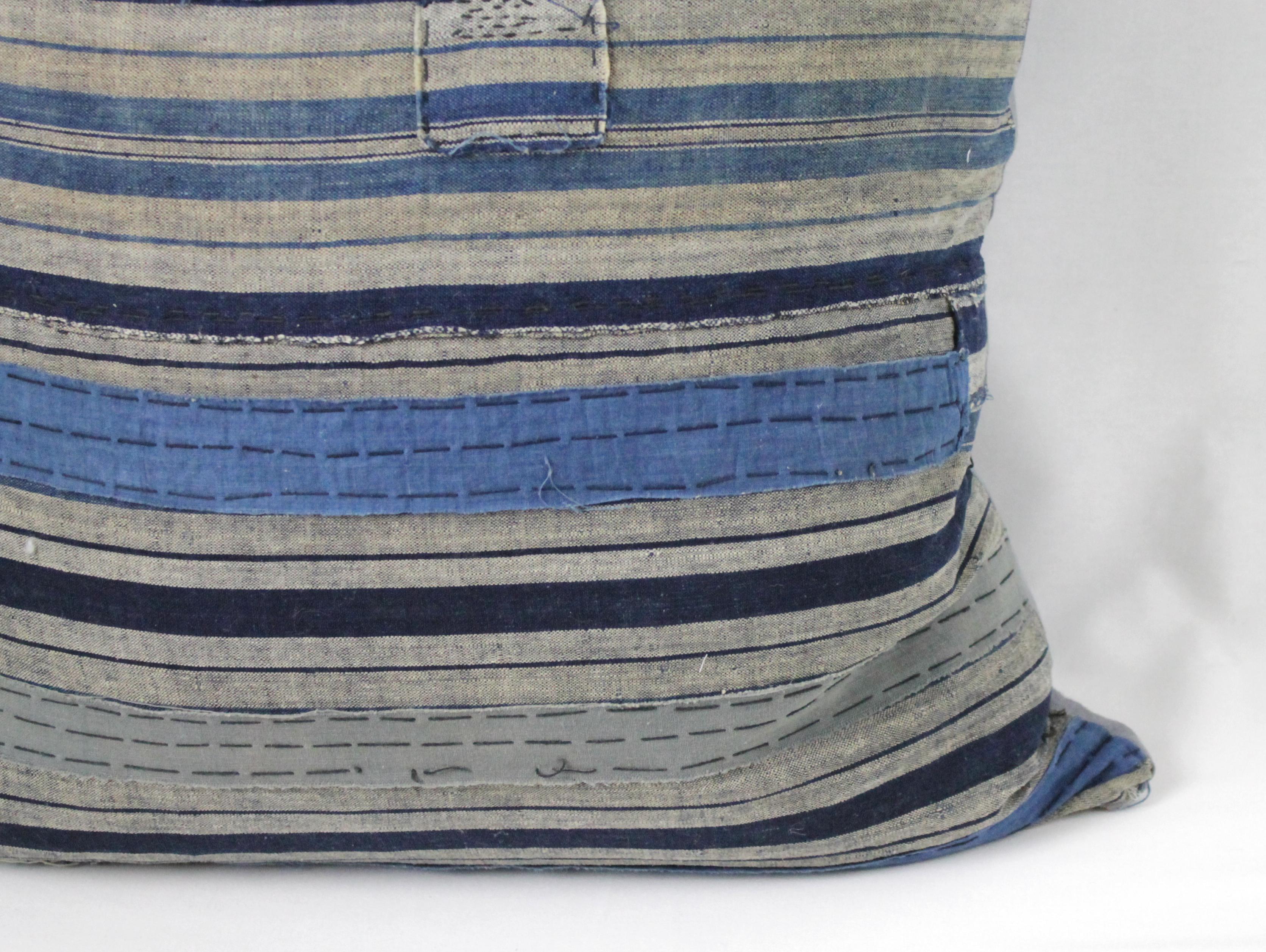 Cotton Vintage Blue and Tan Patchwork Style Pillow