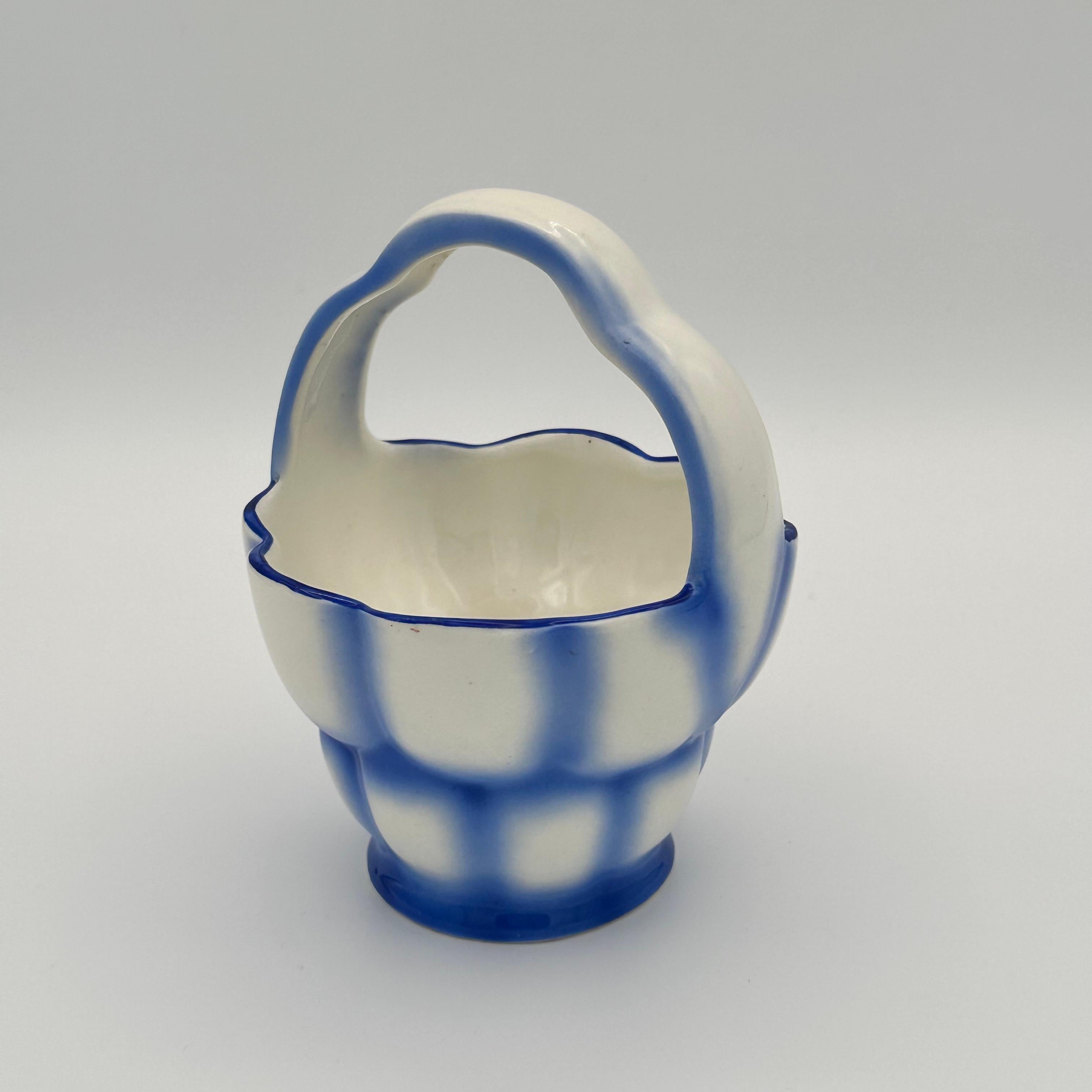 Vintage Blue and White Art Deco Spritzdekor Ceramic Basket from Czechoslovakia  In Good Condition For Sale In Amityville, NY
