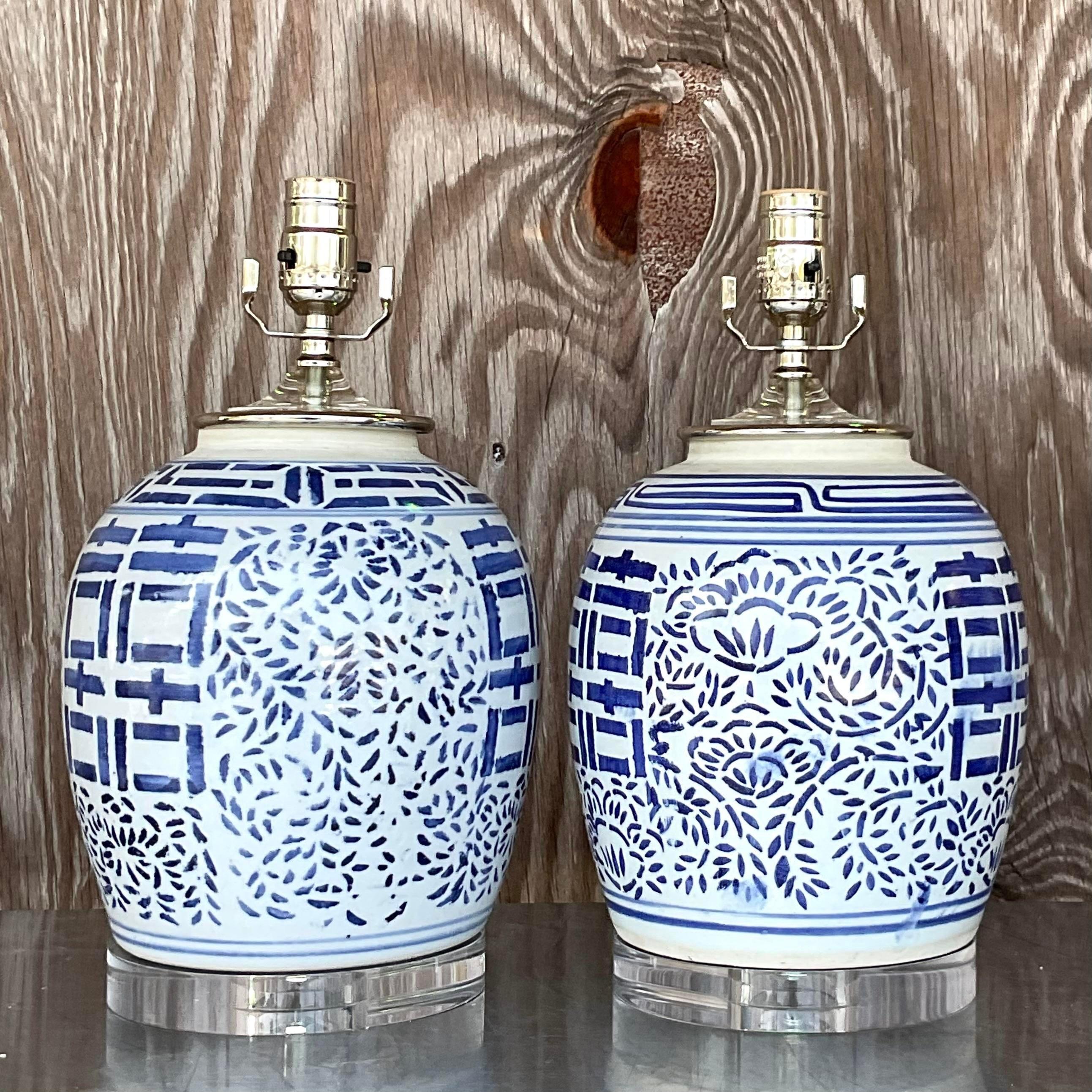 Bohemian Vintage Blue and White Asian Pottery Lamps - a Pair For Sale