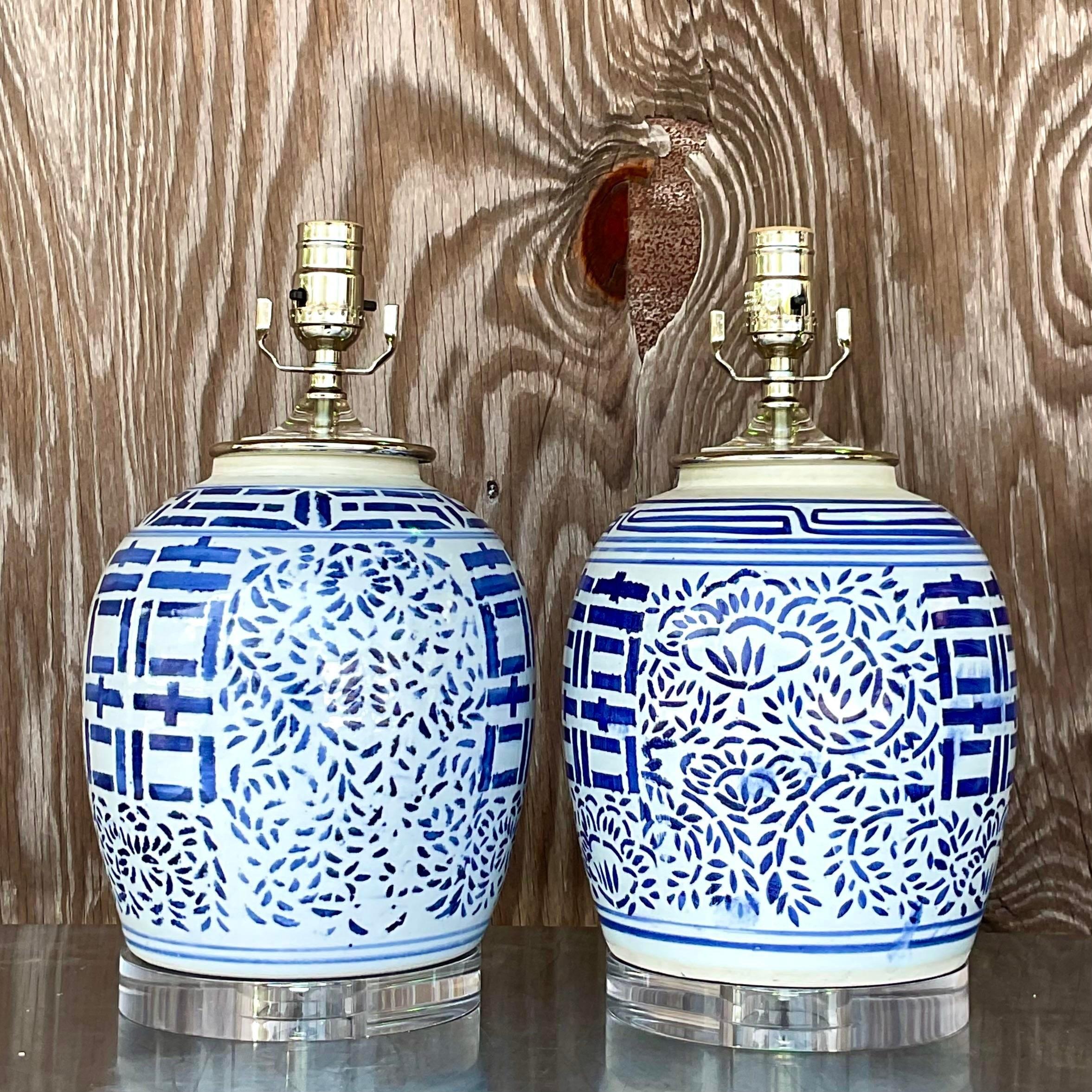 Vintage Blue and White Asian Pottery Lamps - a Pair In Good Condition For Sale In west palm beach, FL