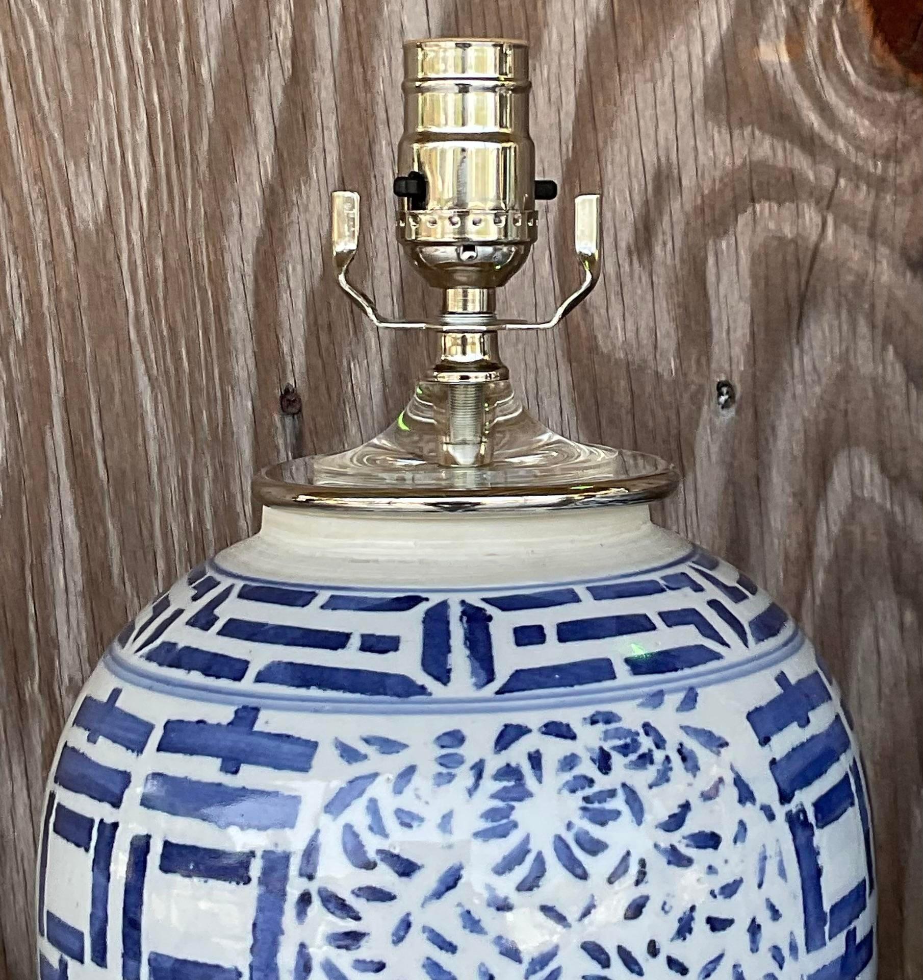 20th Century Vintage Blue and White Asian Pottery Lamps - a Pair For Sale