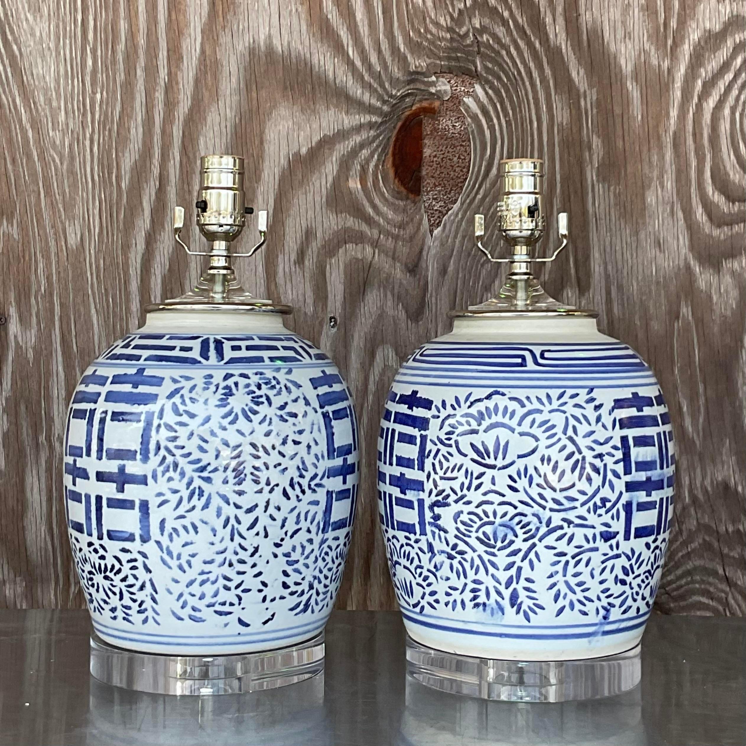 Vintage Blue and White Asian Pottery Lamps - a Pair For Sale 1