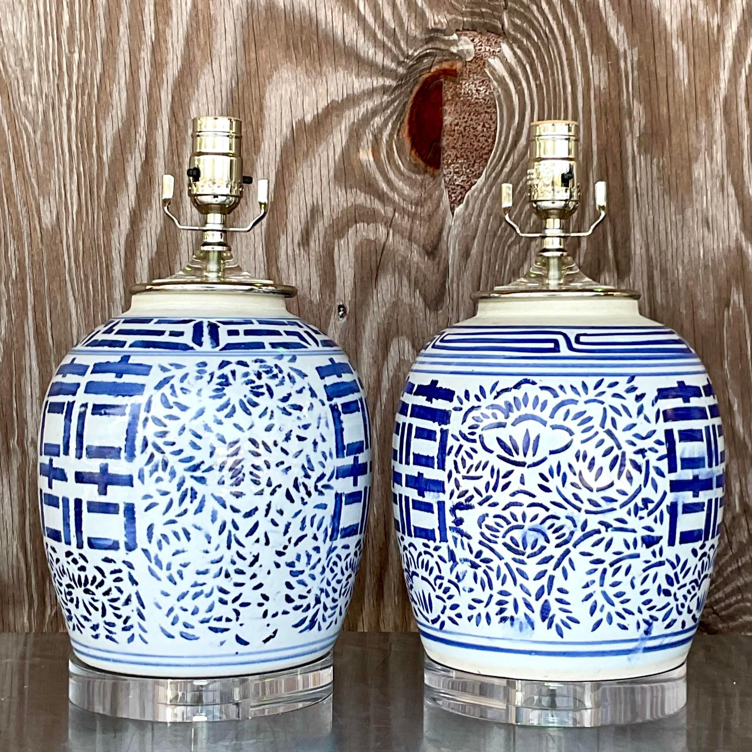 Vintage Blue and White Asian Pottery Lamps - a Pair For Sale 2