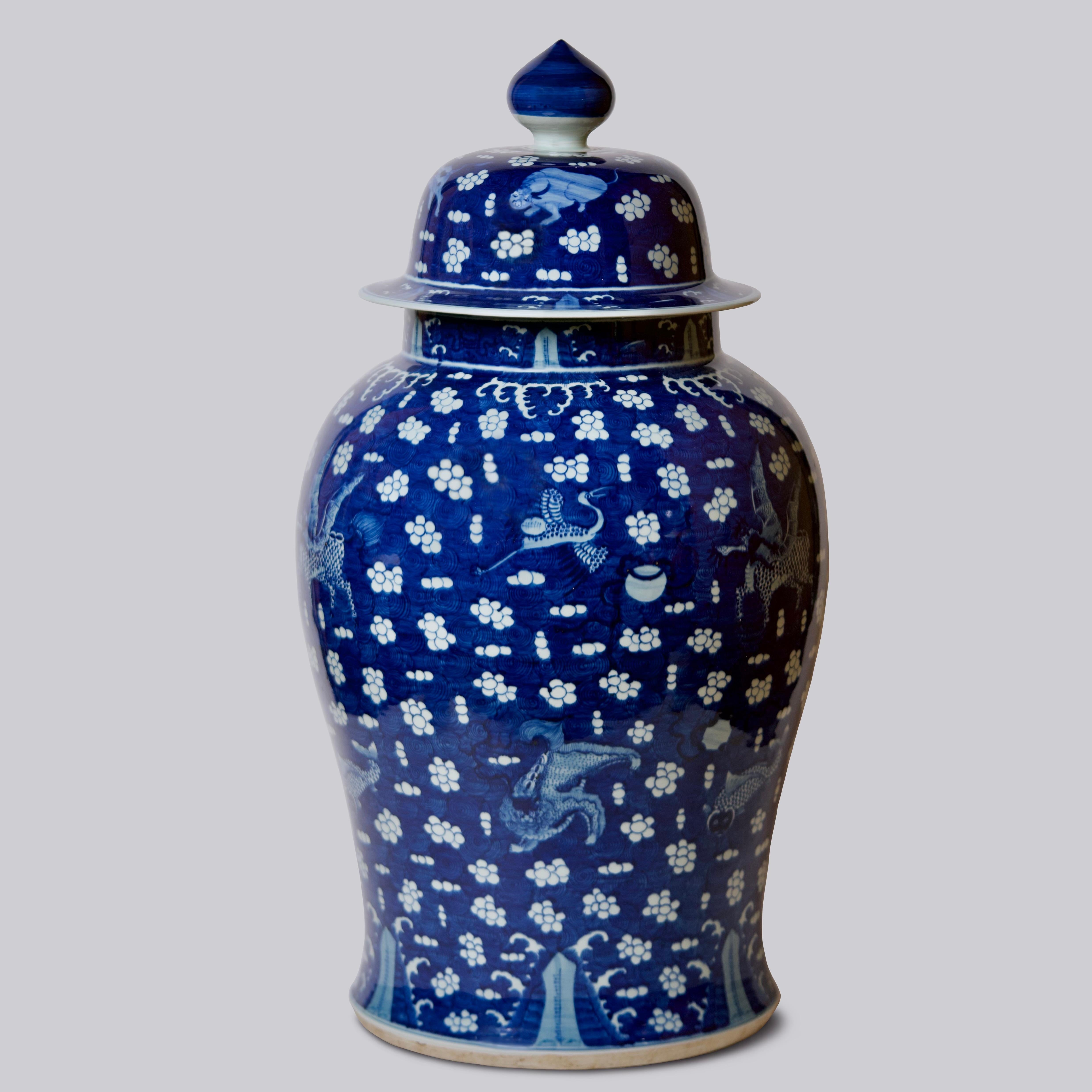 Fired Vintage Blue and White Auspicious Creatures Dark Blue Field Porcelain Temple Jar