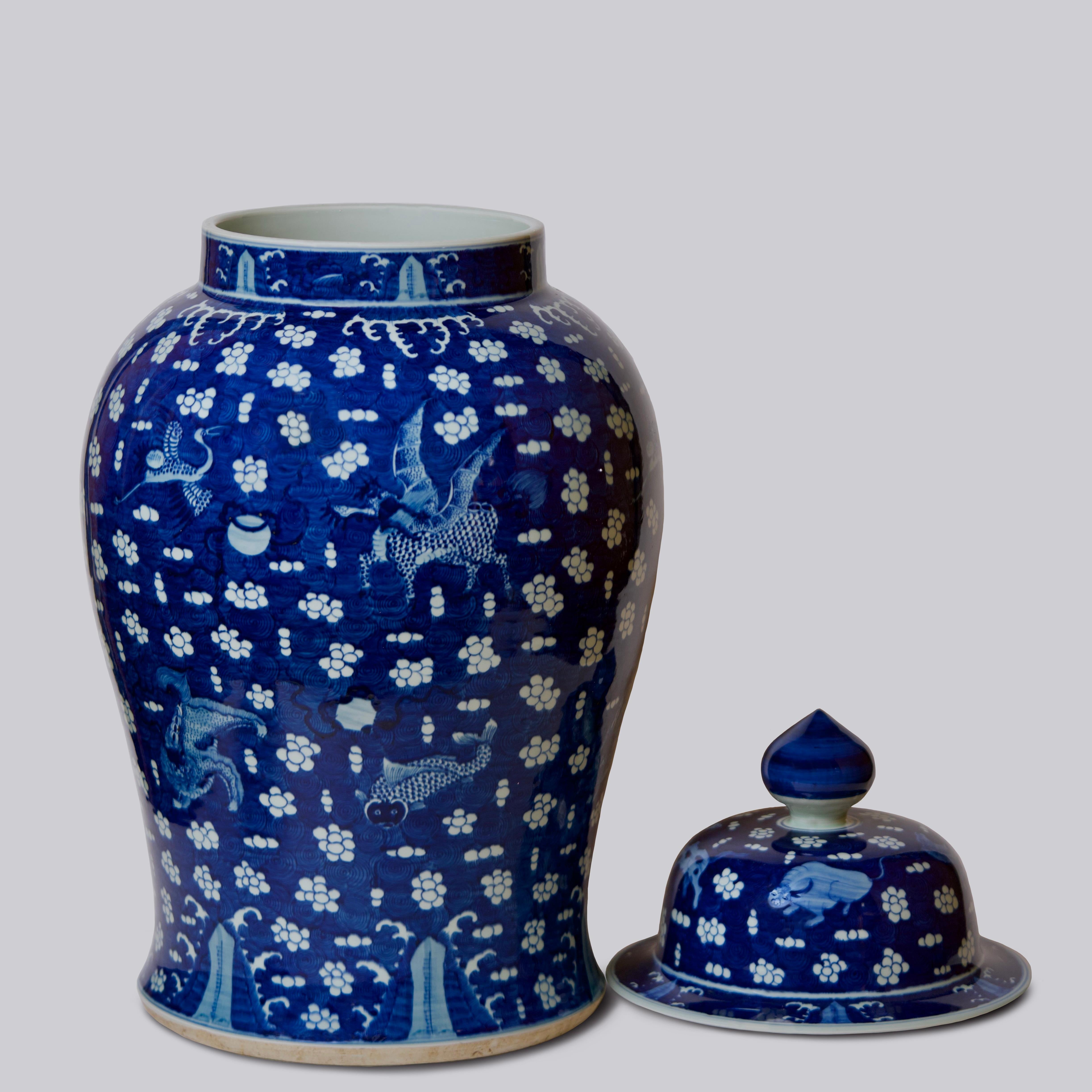 Vintage Blue and White Auspicious Creatures Dark Blue Field Porcelain Temple Jar 1