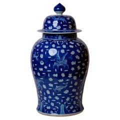Vintage Blue and White Auspicious Creatures Dark Blue Field Porcelain Temple Jar